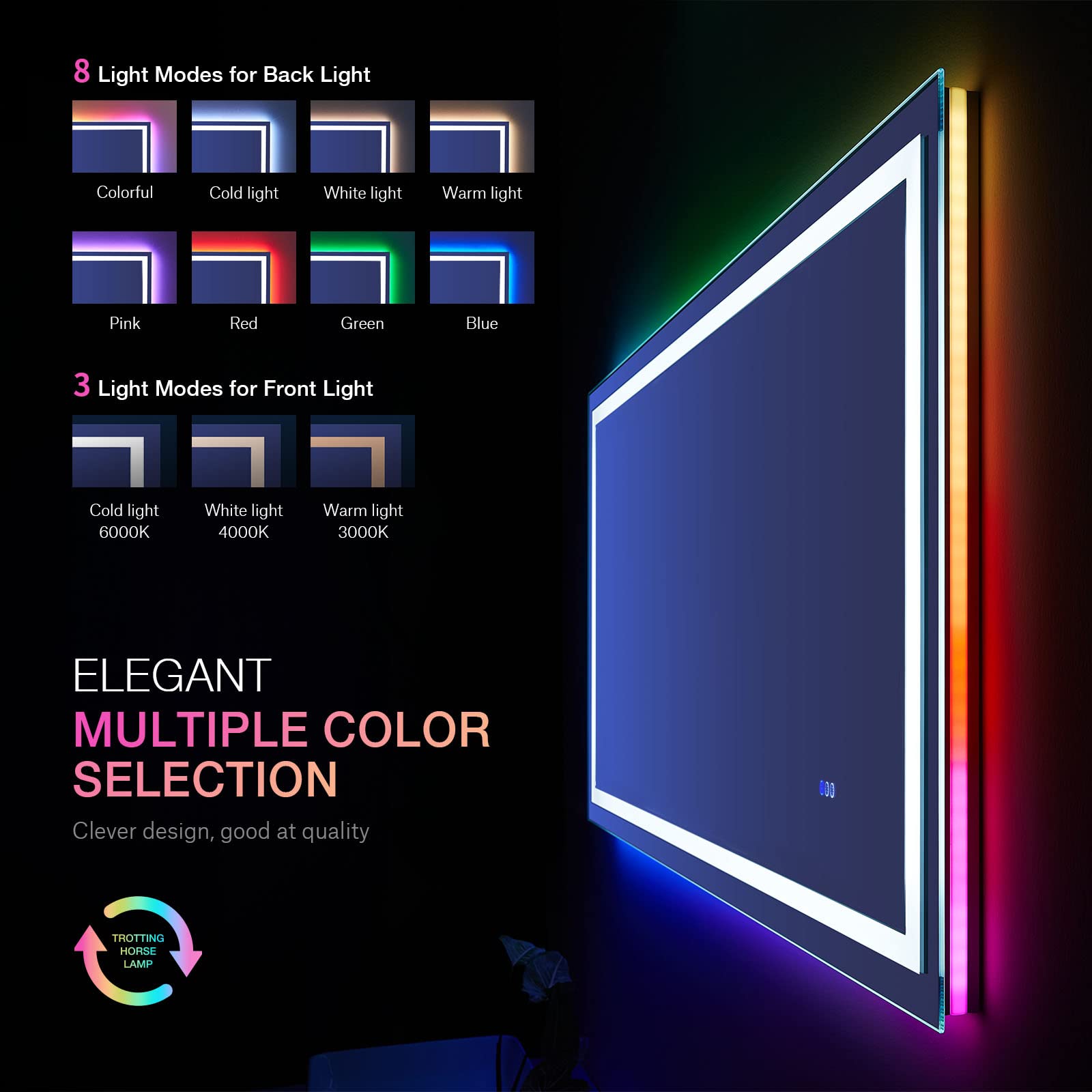 LOAAO 48''X32'' LED Bathroom Mirror with Lights  Anti-Fog  Dimmable  RGB Backlit + Front Lighted  Bathroom Vanity Mirror for Wall  Memory Function