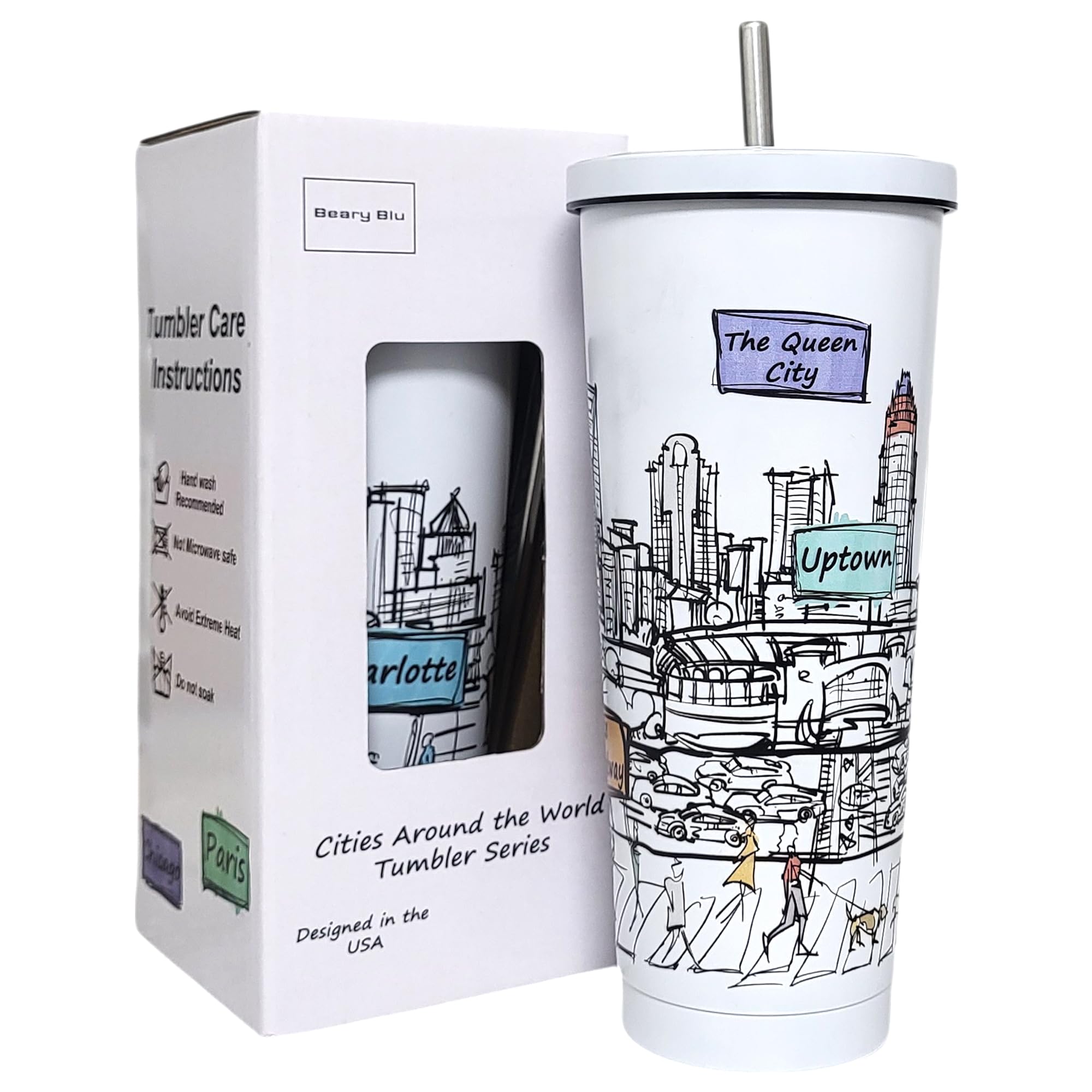 Beary Blu Cities Around the World 25 Oz Tumbler Series  Designed in the USA  Vacuum Insulated Tumbler with Lids & Straw  Stai