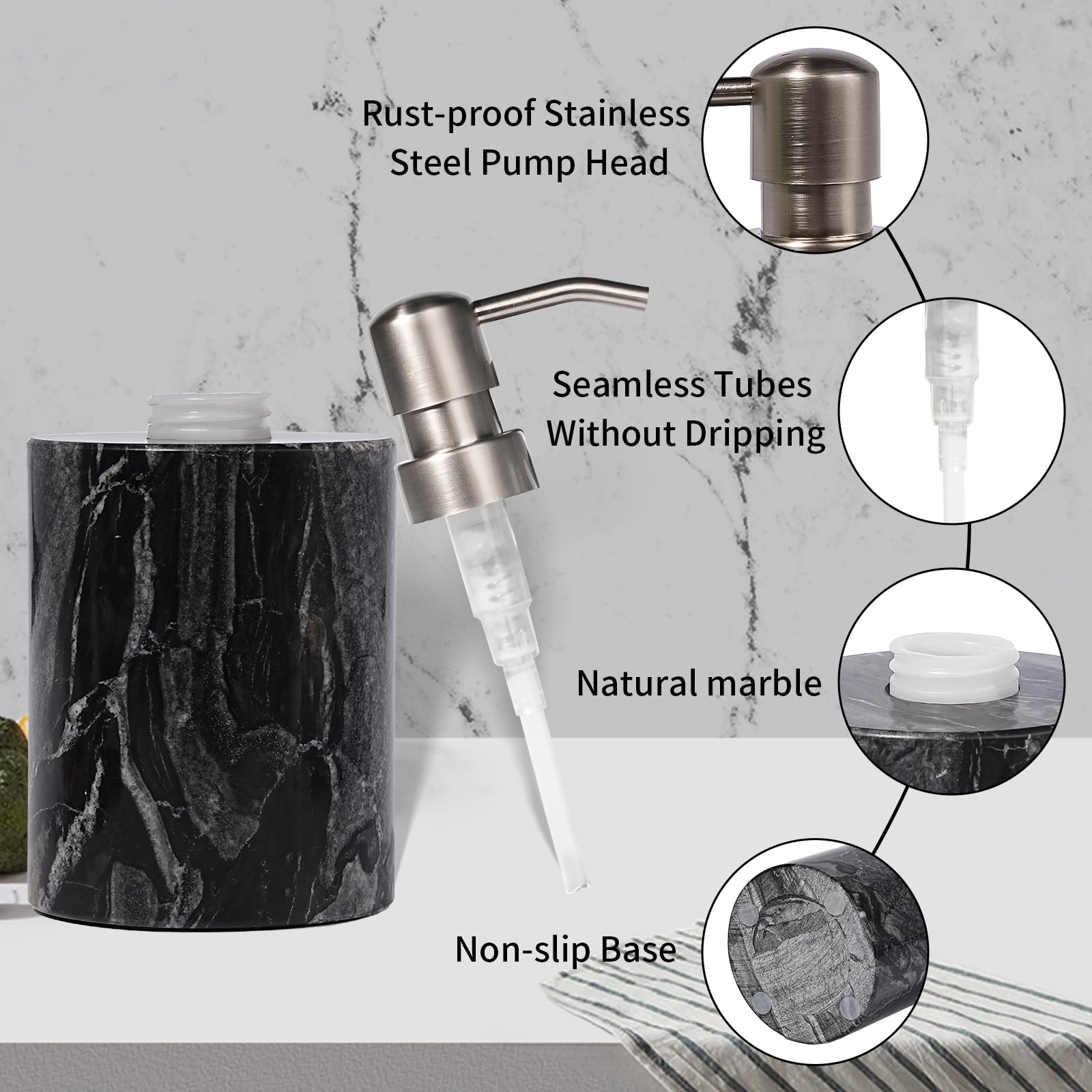 Amaauto Marble Soap Dispenser, Hand Soap Dispenser Bathroom With Stainless Steel Pump, Black Hand Soap Dispenser, 6 Ounces For B