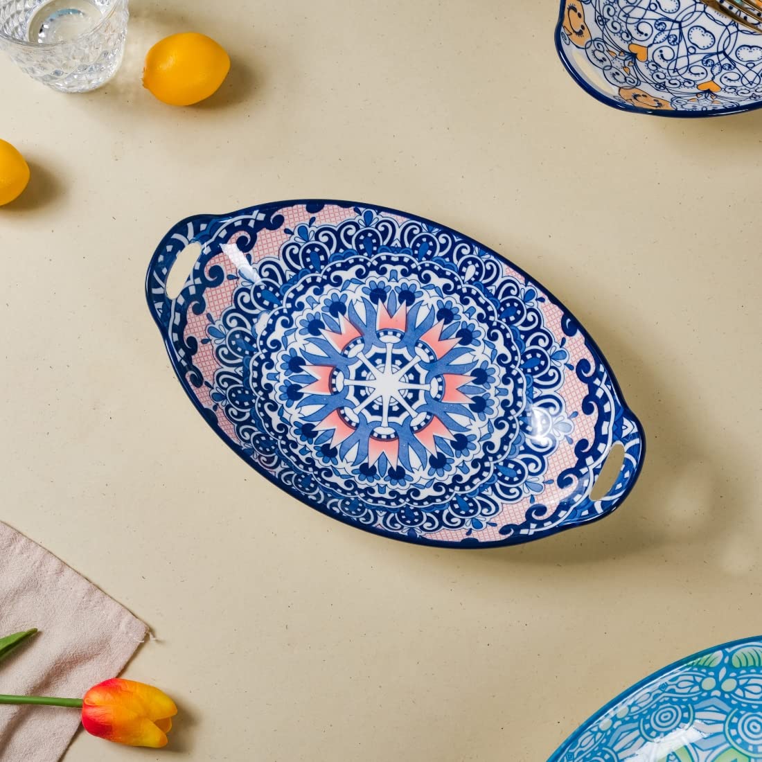 Nestasia Blue Mandala Ceramic Long Dish with Handles for Serving Snacks, Appetizers, Salads, and Noodles| Microwave Safe, Dishwa