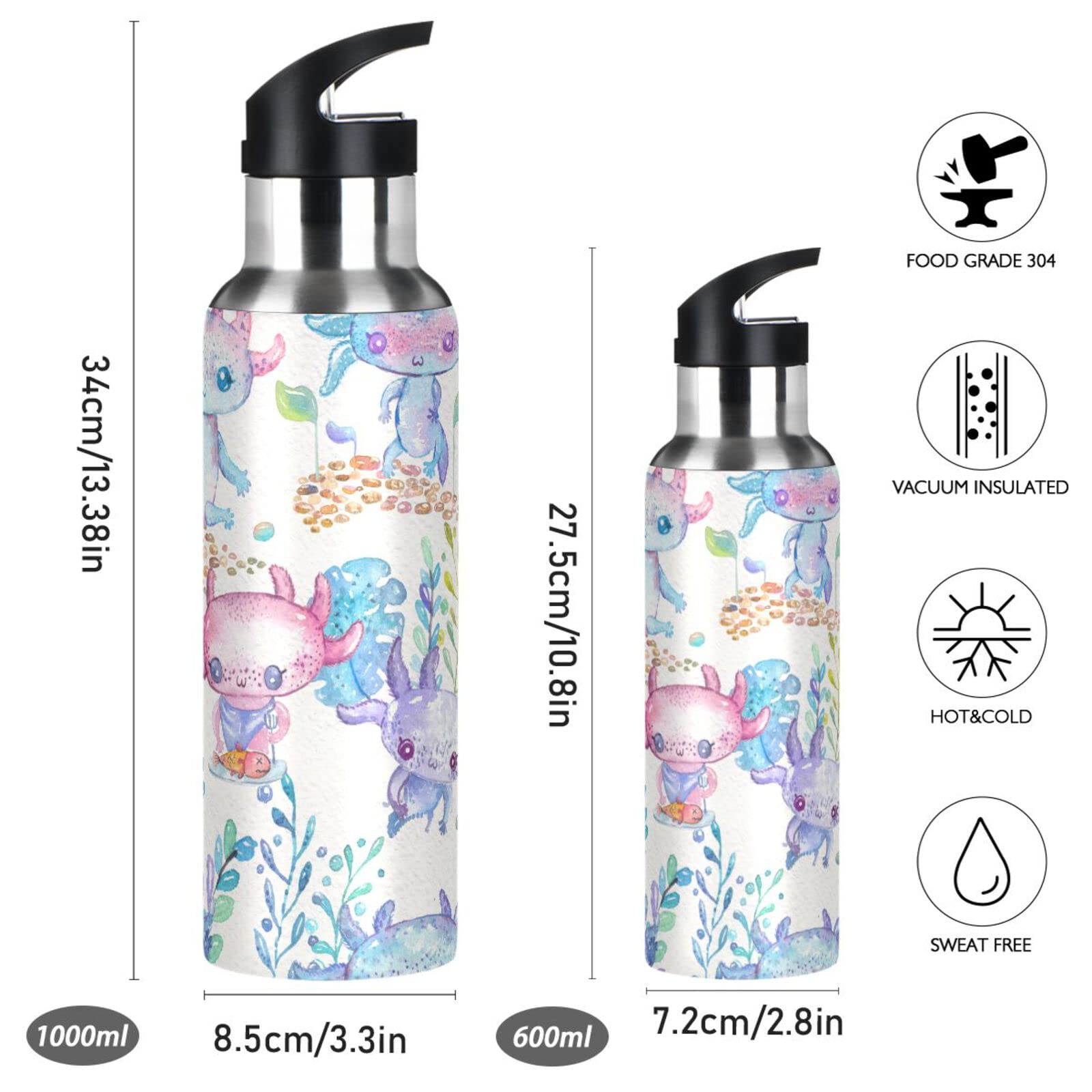 Anyangquji Axolotl Sports Water Bottle, Double Wall Vacuum Insulated Stainless Steel Water Bottle With Straw Keeps Hot And Cold,