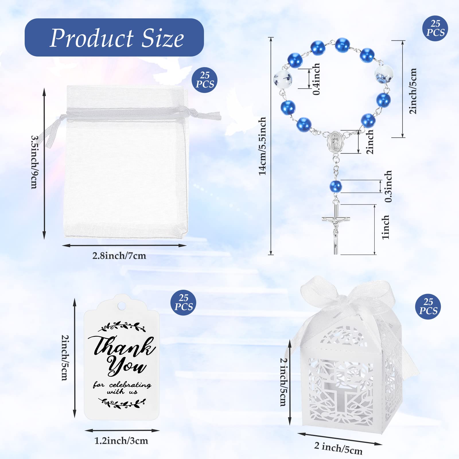100 Pcs Baptism Favors Set Includes 25 Pcs Mini Rosary 25 Pcs Baptism Favor Boxes 25 Pcs White Organza Bags 25 Pcs Kraft Thank Y