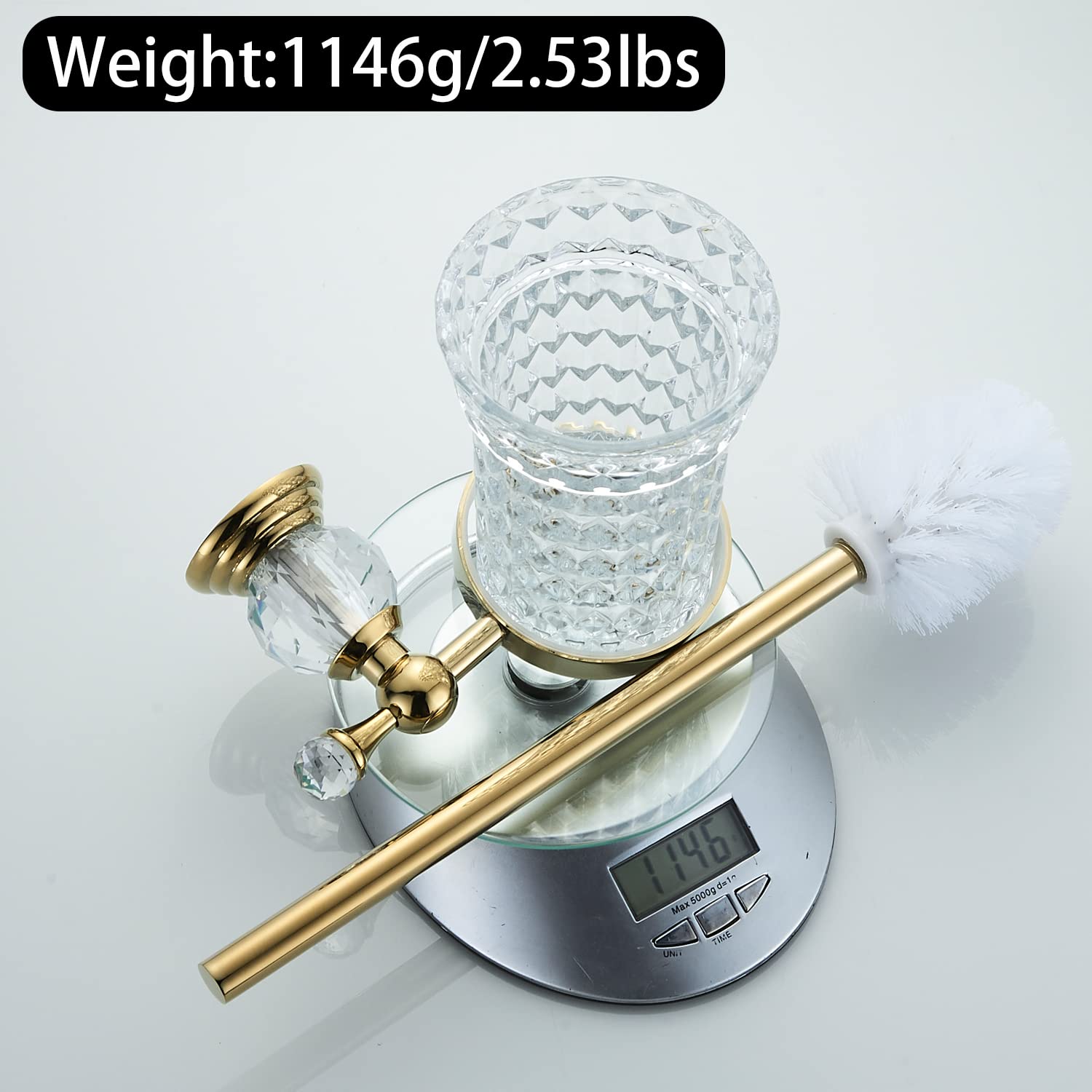 WOLIBEER Crystal Toilet Brush Holder  Polished Gold Brush Handle with Replaceable Brush Head  Stainless Steel Bathroom Cleaning Set Wall Mounted
