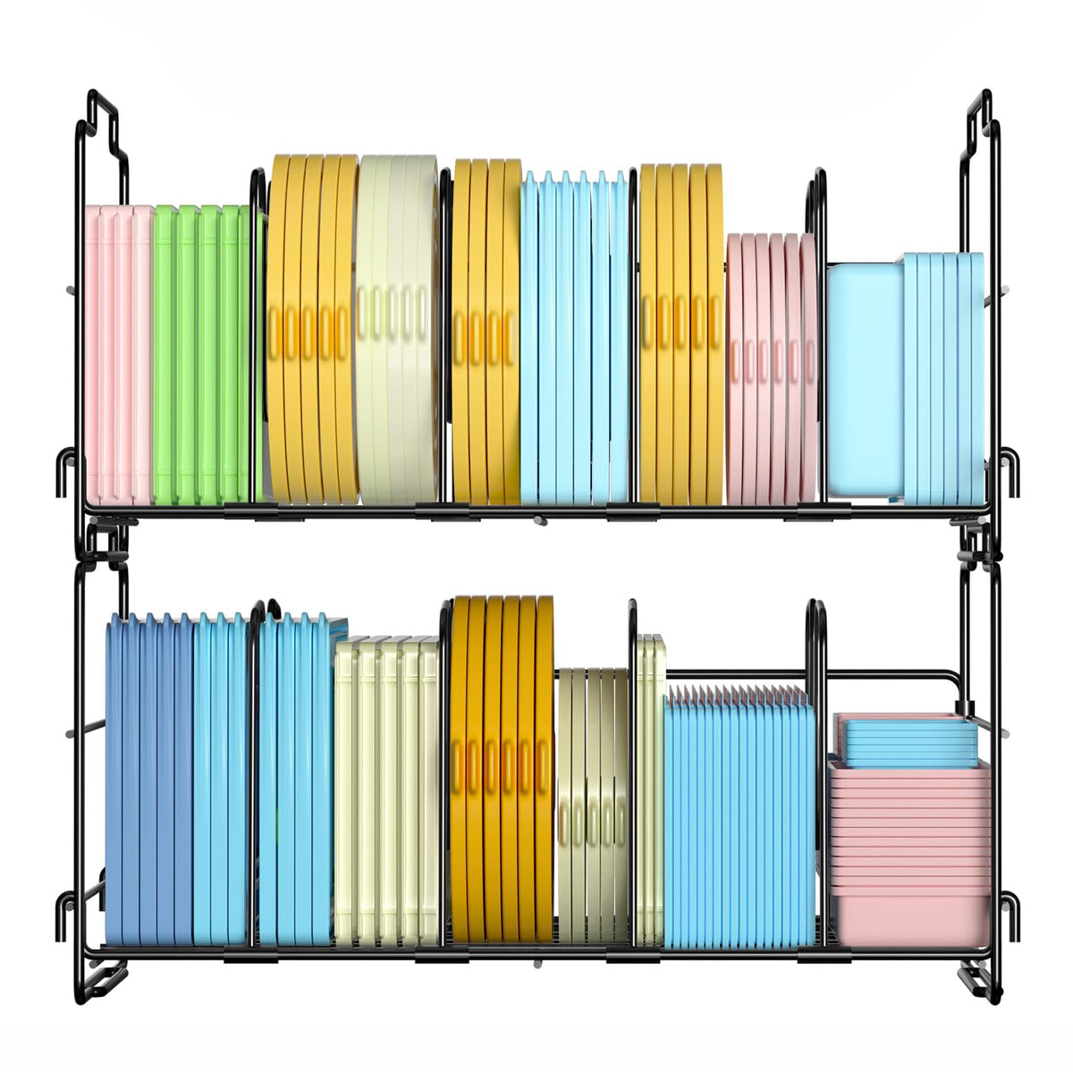 Set Of 2 Stackable Food Container Lid Organizer, Adjustable Metal Lid Storage Shelf For Kitchen, 4 Dividers Detachable Lid Organ