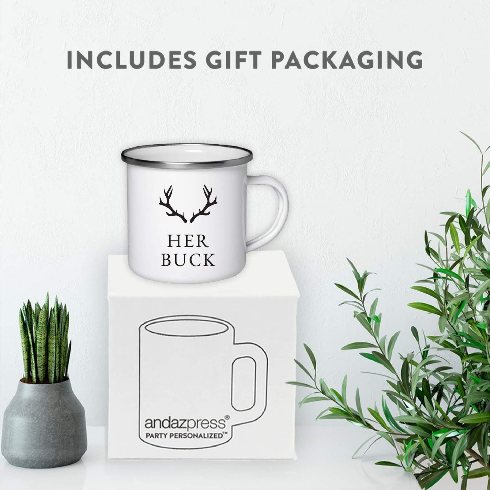 Andaz Press Stainless Steel Campfire Coffee Mugs Gift Set, His Doe, Her Buck, Deer Antlers Graphic, 2-Pack, Woodland Couple Chri