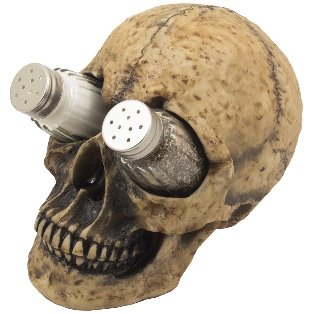 Scary Evil Human Skull Salt And Pepper Shaker Set Figurine Display Stand Holder For Spooky Halloween Party Decorations & Gothic