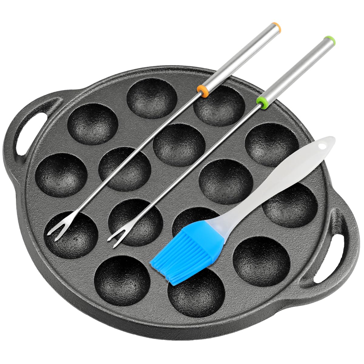 Escargot Dish Cast Iron Takoyaki Mushroom Plate With 15 Compartment Holes, Octopus Ball Maker With Forks And Brush For Snails, B