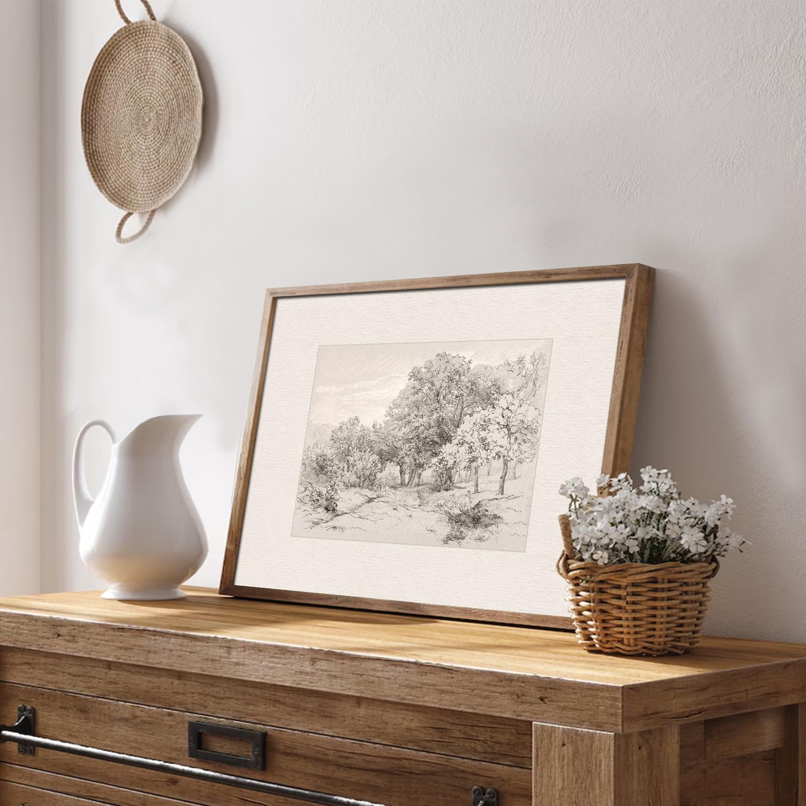 Uniro Neutral Wall Art For Home Decor, Farmhouse Landscape Tree Sketch Drawing Wall Decor, Rustic Nature Canvas Prints Antique M
