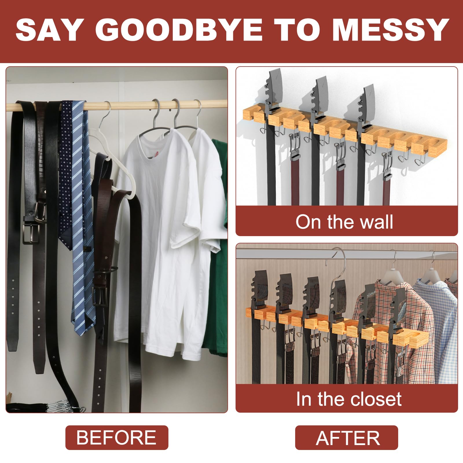Belt Hanger For Closet Max 42 Belts, 2-In-1 Wall Mount Belt Organizer With 360 Rotating Hooks, Wooden Tie And Belt Rack For Clos