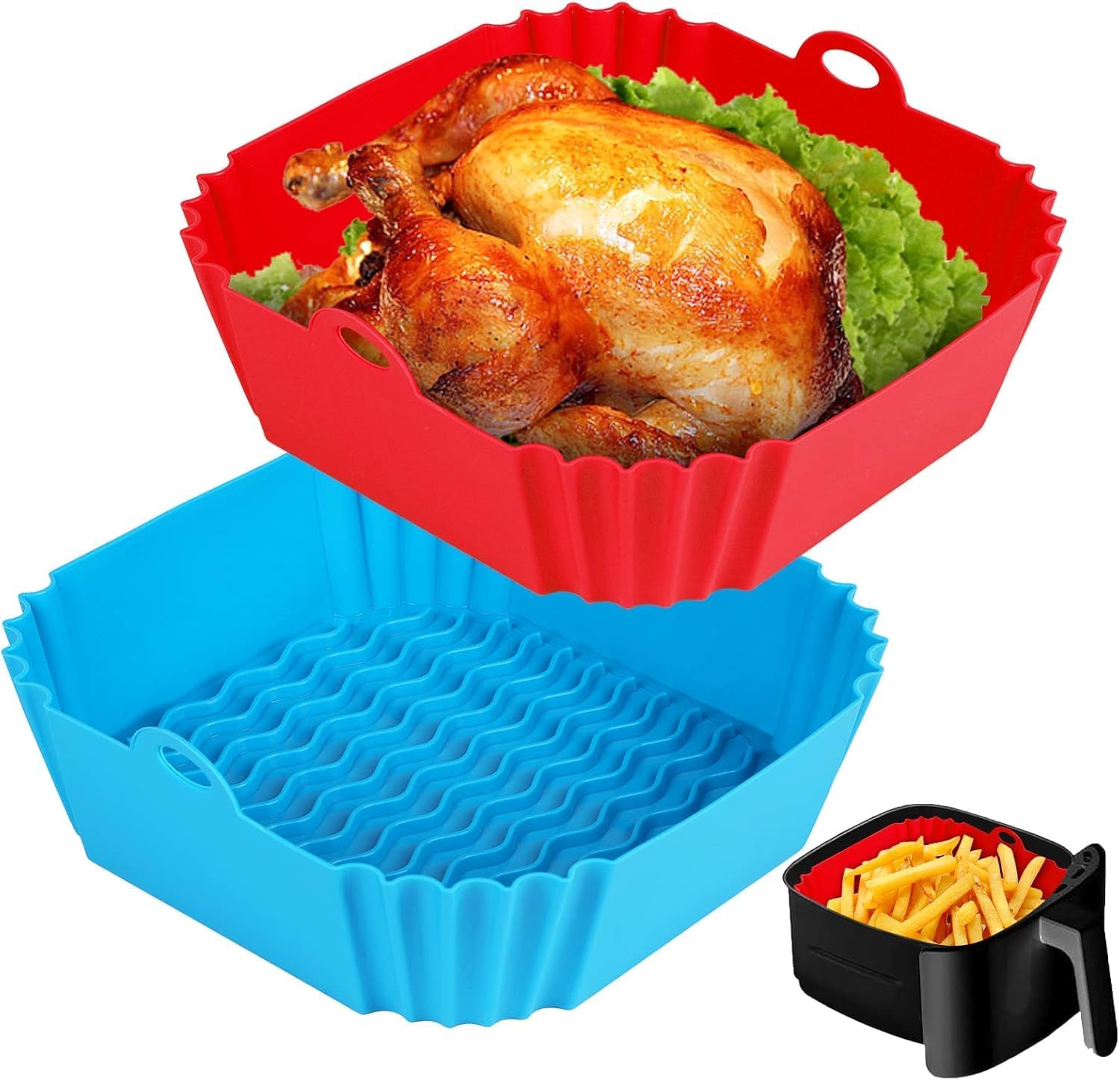 Carrot - 2 Pcs Air Fryer Liners I Square Silicone Basket Baking Tray I Pot With Ear Handles I Nonstick Reusable Heat Resistant I
