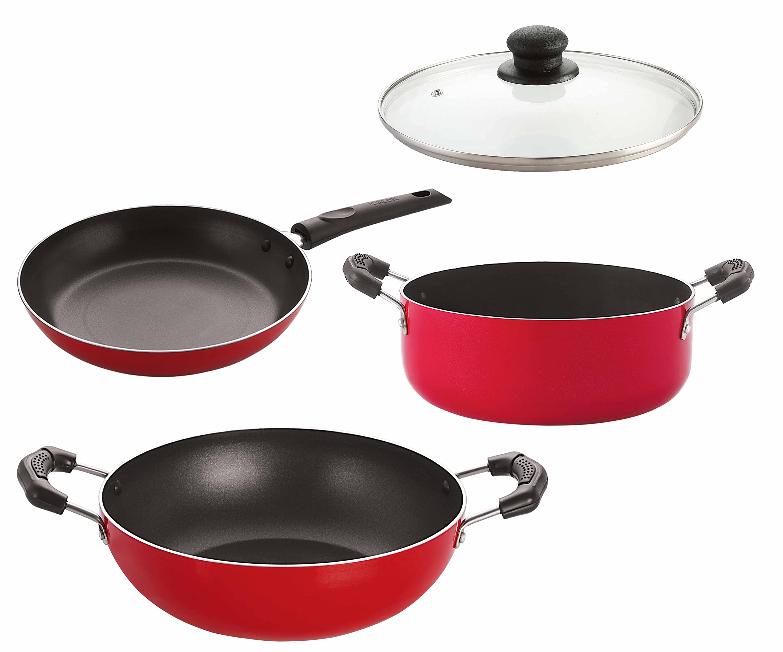 Nirlon NonStick Aluminium Cookware Set, Red & Black 4Pieces (Casserole|Kadhai|Tapper Pan|1 Glass Lid)32Mm_Cs22_Kd12_Tp22_1Gl