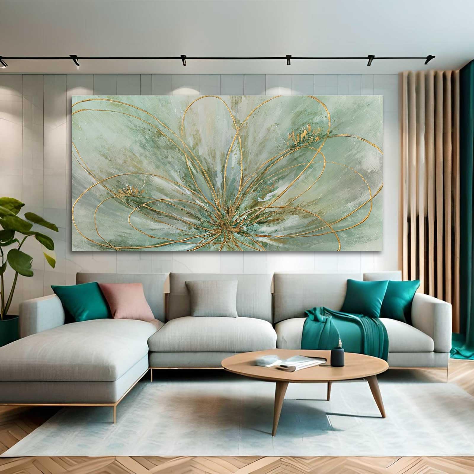 Yjyart Abstract Wall Art Green And Gold Hand Painted Oil Painting Blossom Botanical Large Picture For Living Room Bedroom Kitche