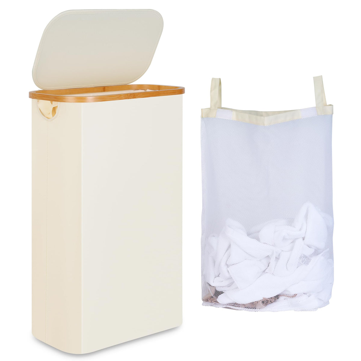 Iegrow Slim Laundry Hamper, Narrow Laundry Basket With Lid,Foldable Clothes Hamper With Bamboo Handles,Hamper Basket With Remova