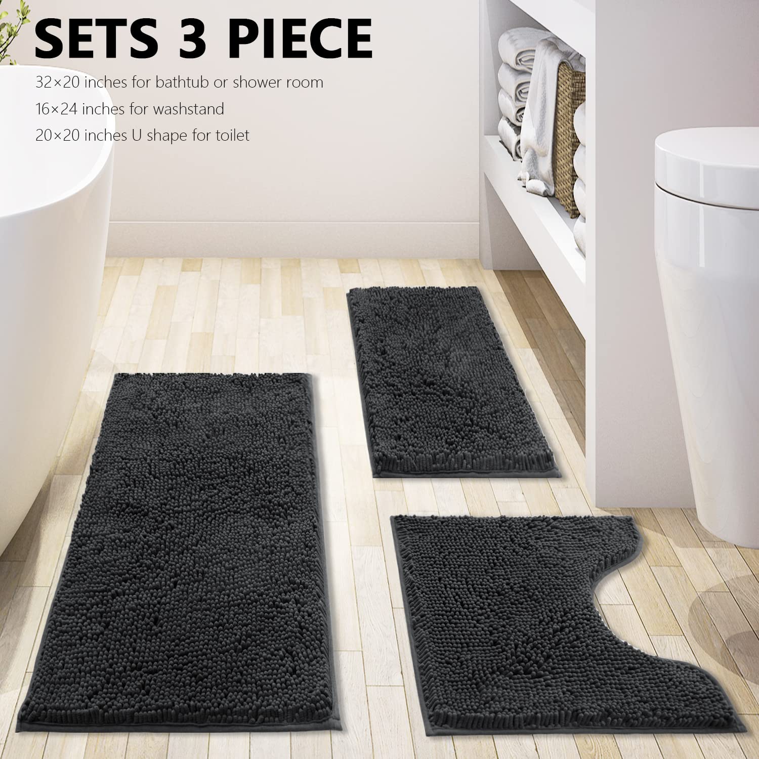 Bathroom Rugs Bath Mat Chenille 3-Piece Extra Soft and Absorbent Shag Bath Rugs  Machine Wash Mat  Strong PVC Non-Slip Underside  Plush Carpet Bathroom Mats (Grey)