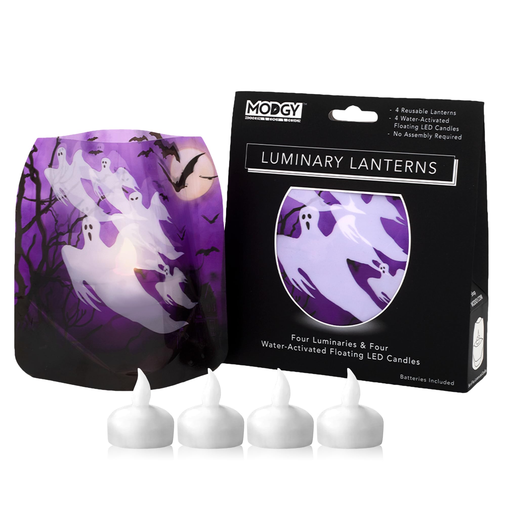 MODGY Luminary Lanterns, Halloween Candle Holders with Flameless Floating LED Candles, Indoor Outdoor Decor for Parties, Home, W