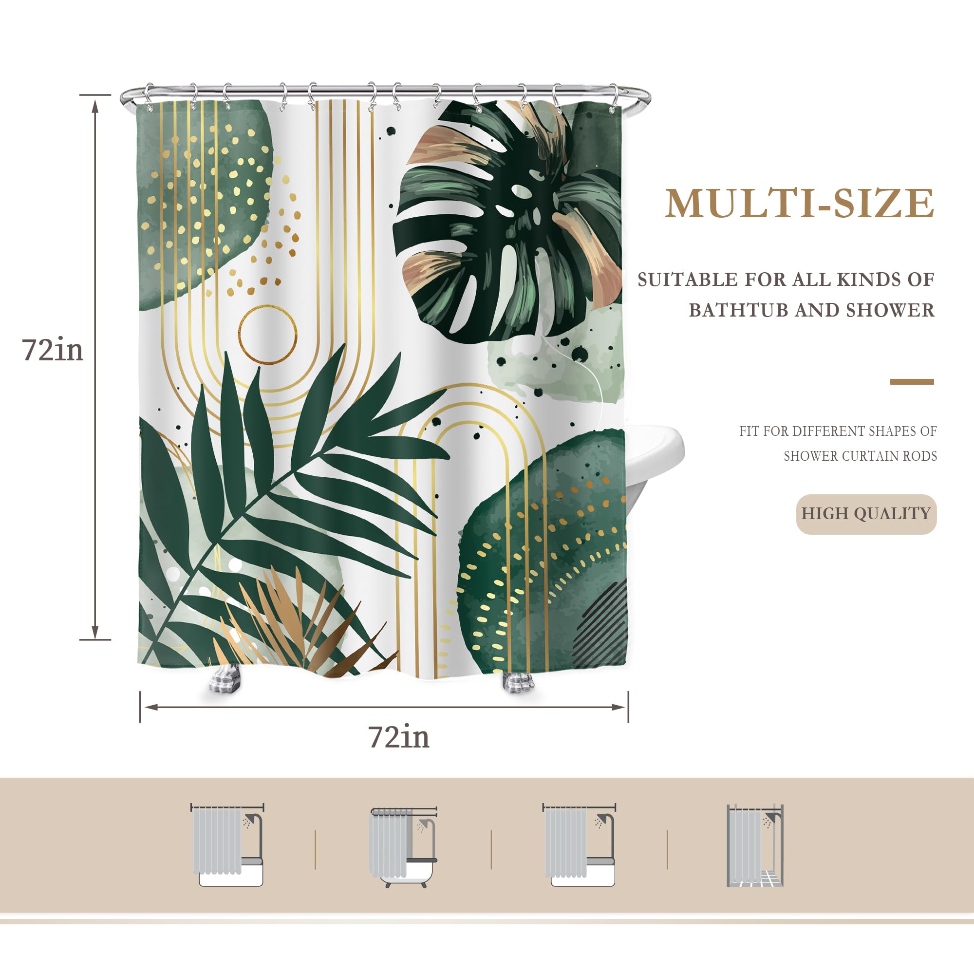 Glawry Abstract Tropical Leaves Shower Curtain Boho Green Gold Palm Leaf Monstera Botanical Minimalist Bathroom Modern Aesthetic