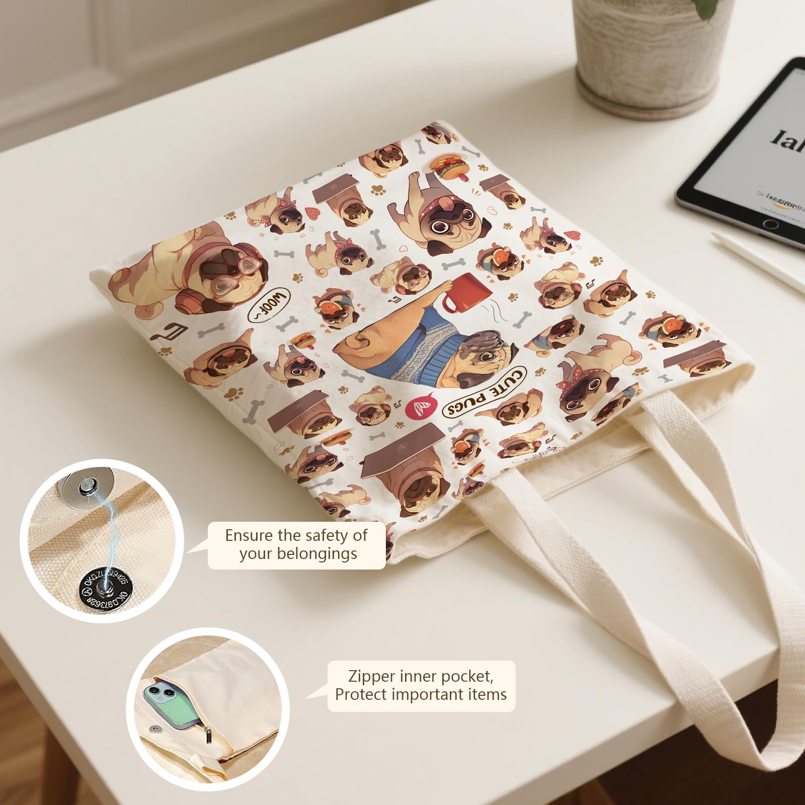 Minimalist Pug Tote Bag for Dog Lovers - Aesthetic Canvas Shoulder Bag with Cute Pug Print | Magnetic Snap Closure & Inner Zippe