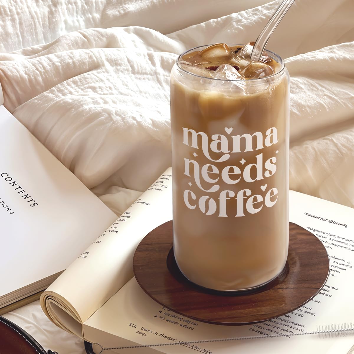 SANDJEST Mom Glass Can, Mama Needs Coffee Cup with Lid & Straw, Iced Coffee Aesthetic Cups, Idea Gifts for Christmas Birthday Mo
