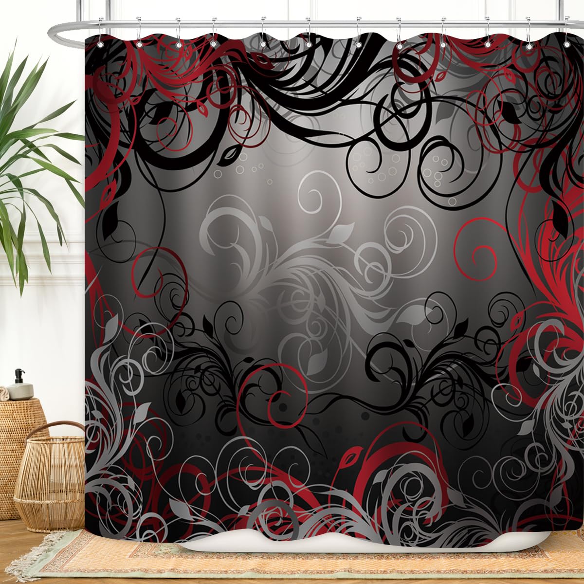 Zxmbf Red And Black Shower Curtain Mystic Magical Forest Modern Inspired Floral Swirls Leaves Bath Curtain Waterproof Fabric Bat