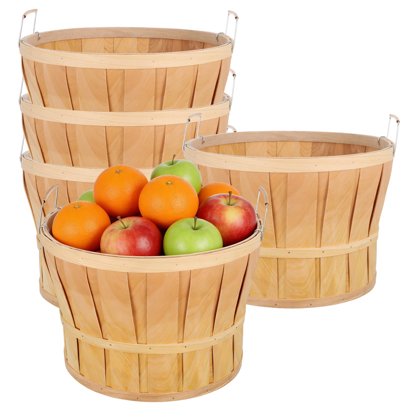 5 Pack Jumbo Half Bushel Baskets 14 x 9.5 Inch, Large Natural Wooden Harvest Apple Baskets with Handles for Harvest Fruit Plants
