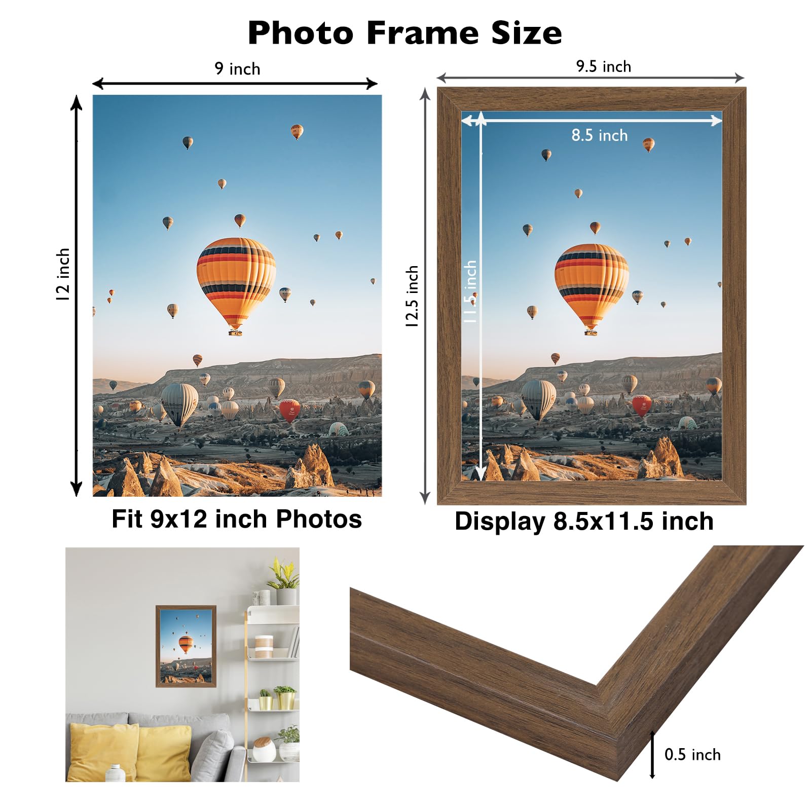 JCJMY 9x12 Picture Frame Brown for Wall Hanging, Wall Mounting Horizontally or Vertically, 9 x 12 Wall Gallery Poster Photo Fram