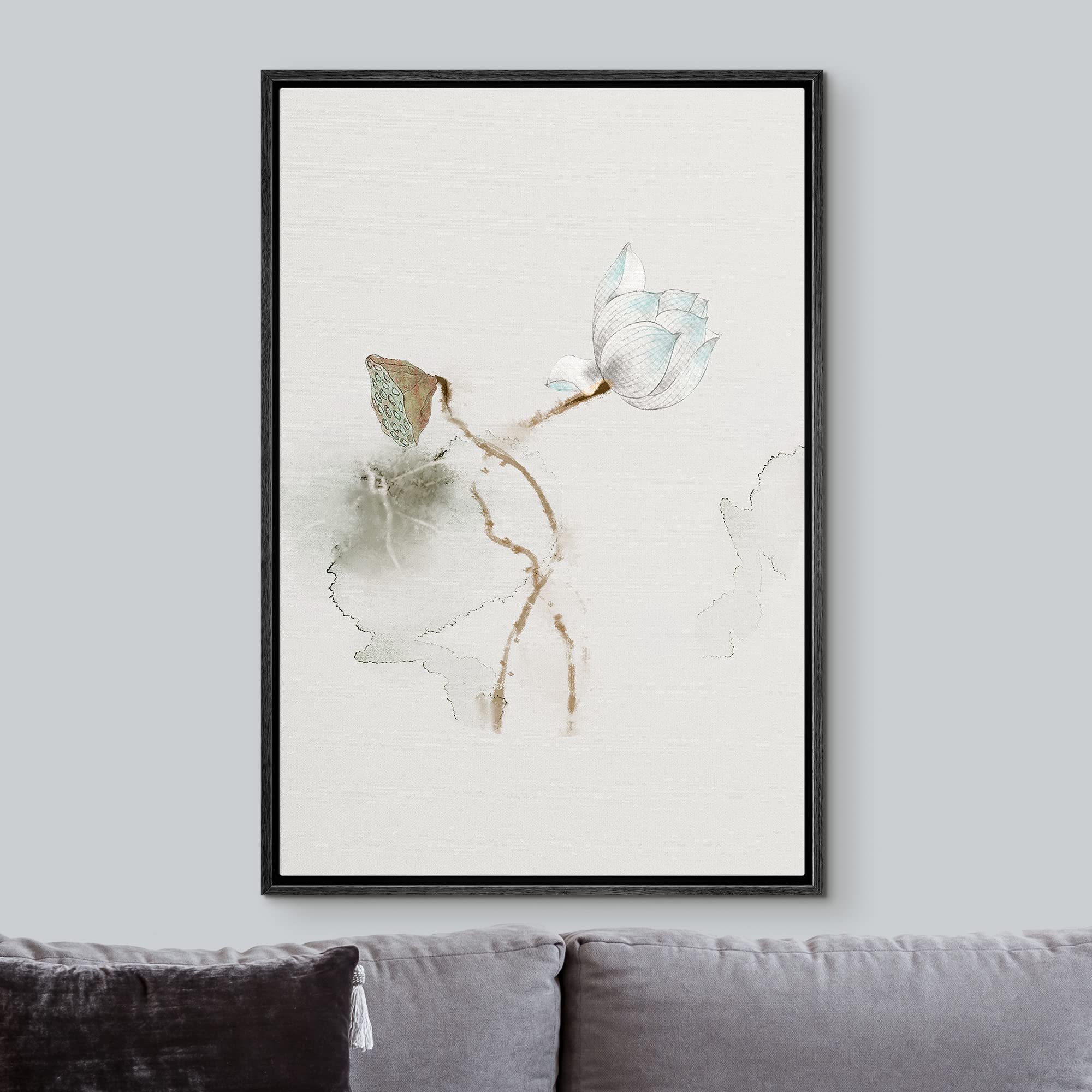 NWT Framed Canvas Print Wall Art Watercolor Effect White Magnolia & Seed Pod Floral Plants Illustrations Modern Art Minimalist Scenic Colorful Cool for Living Room  Bedroom  Office - 16''x24'' Black