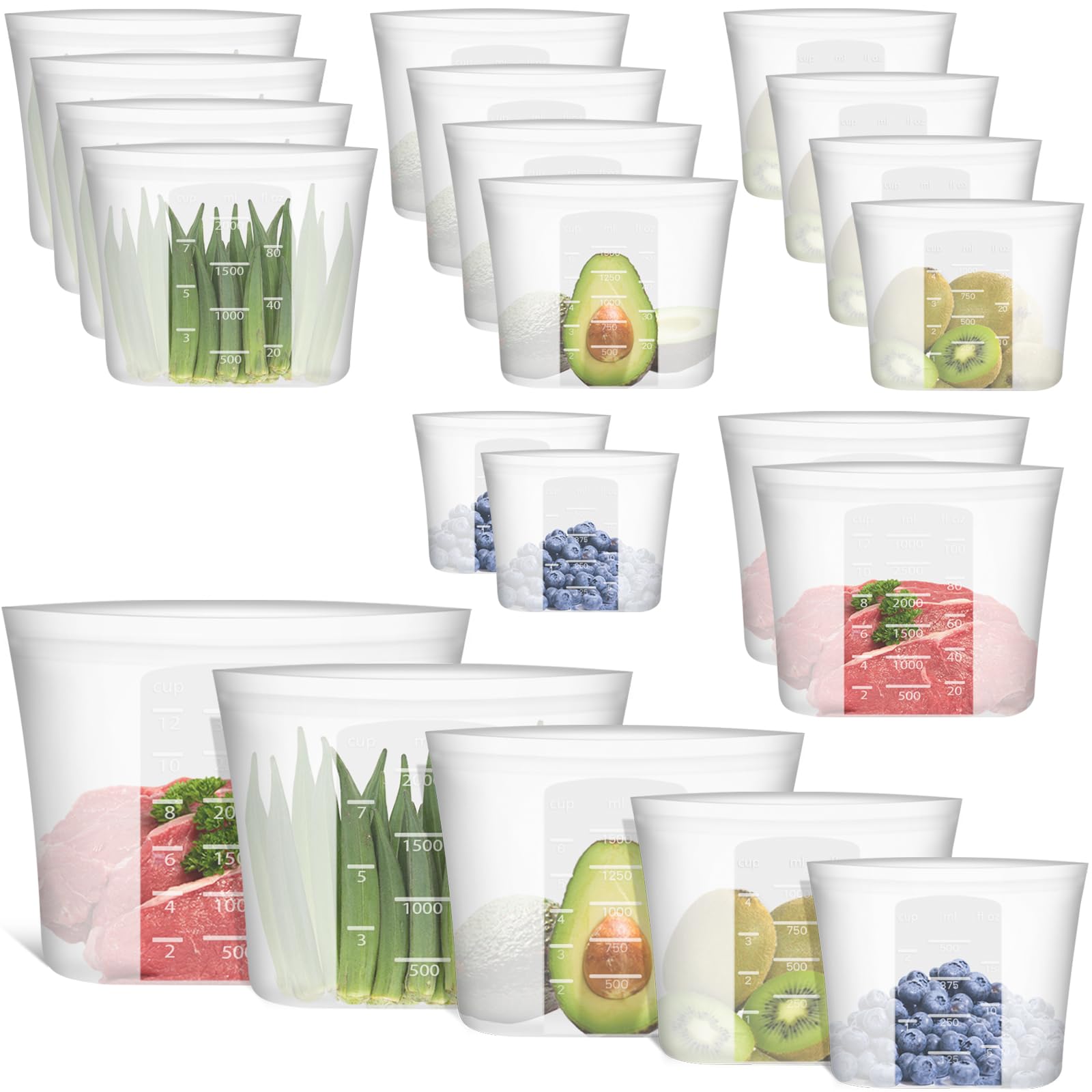 100% Silicone Reusable Storage Bag, 16 Pack Stand-Up Wide-Mouth Zip-Lock Food Storage Bags, Easy-Fill Easy-Open Easy-Clean Space