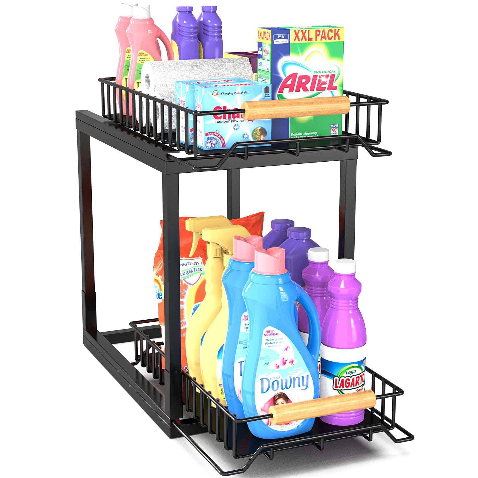 Paroto Under Sink Organizer, 2-Tier Pull Out Under Sink Organizers And Storage With Wooden Handles, Large Capacity Under Sink St