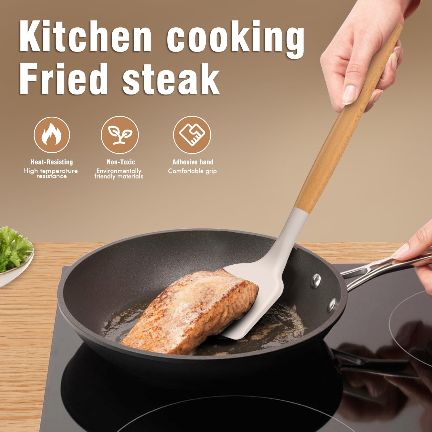 Silicone Cooking Utensils Set - Silicone Kitchen Utensils For Cooking Wooden Handles, 446F Heat Resistant Kitchen Utensil Spatul