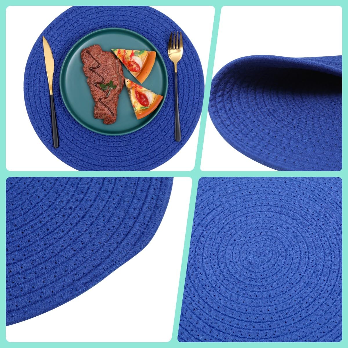 Wenfome Set Of 6 Woven Placemats, 13.8 Inches Round Plate Chargers Cotton Braided Placemats Heat-Resistant Non-Slip Woven Place
