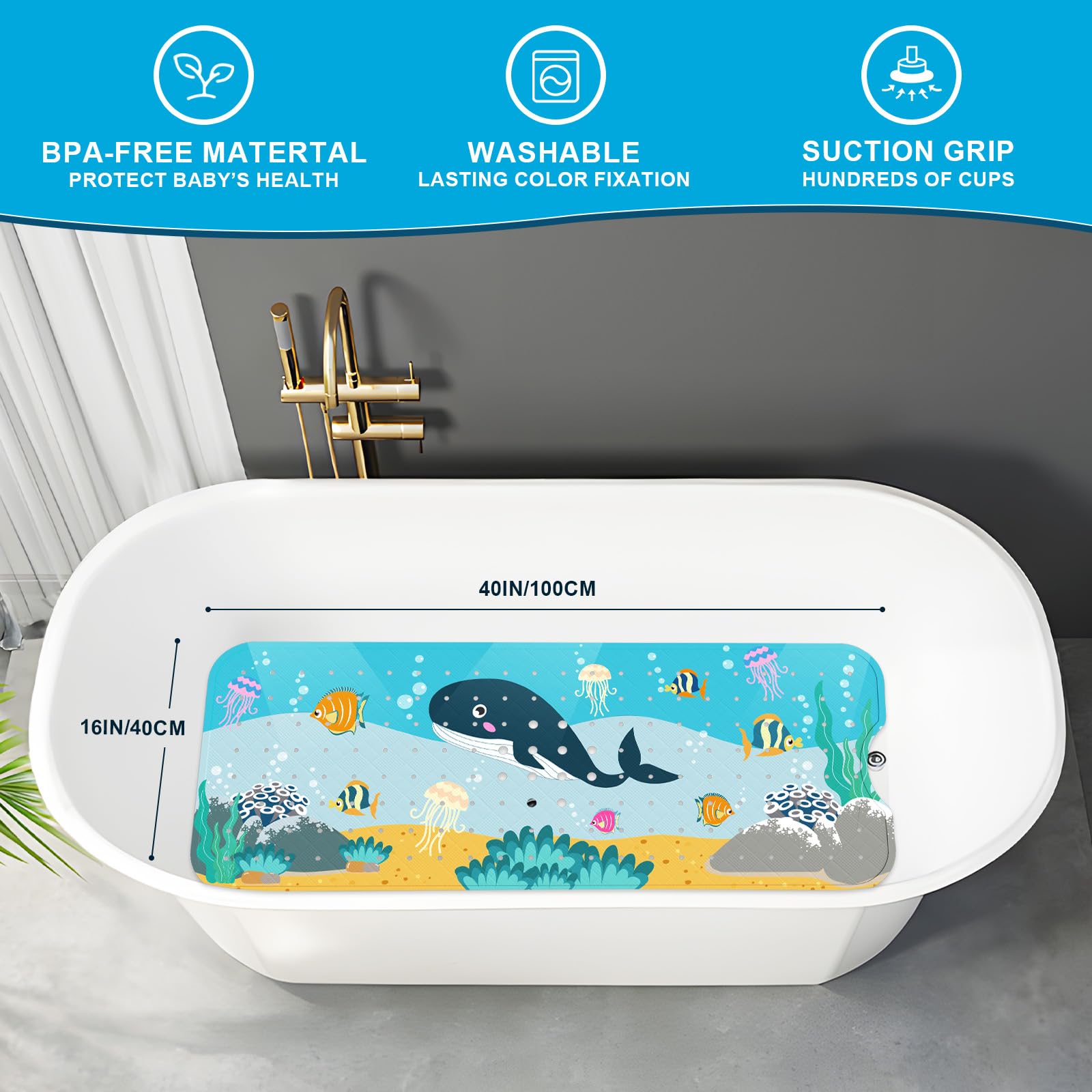 XIYUNTE Baby Bath Mat for Tub for Kids  40 X 16 Inch Extra Long Kids Bathtub Mat Non Slip  Cartoon Patterned Bath Tub Shower Mat Anti Slip with Suction Cups & Drain Holes  Machine Washable  Whale