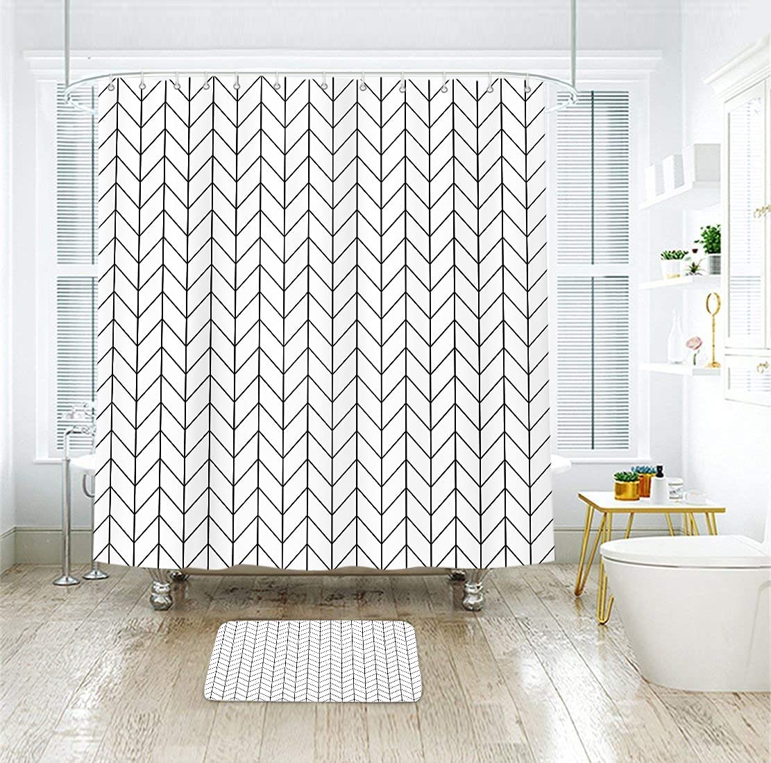 Riyidecor Chevron Shower Curtain Geometric Herringbone 72Wx96H Inch Striped Extra Long Simple Modern Classy Neutral Contemporary 12 Pack Metal Hooks Decor Fabric Bathroom Set Polyester Waterproof