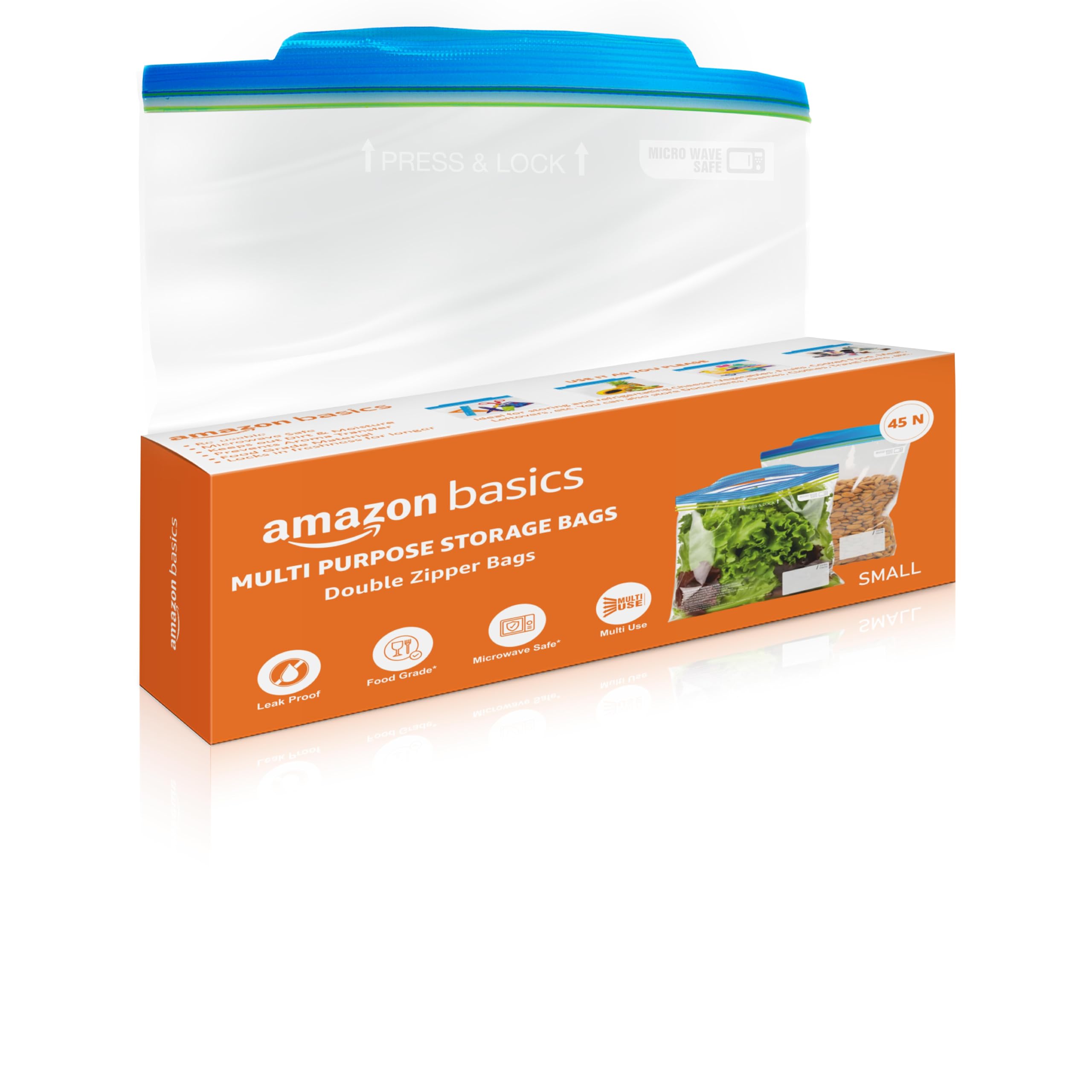 Amazon Basics  Multipurpose Zip Lock Storage Bags | 45 Count | Small | 21.3 X 18 Cm | Reusable And Reclosable With Double Zippe