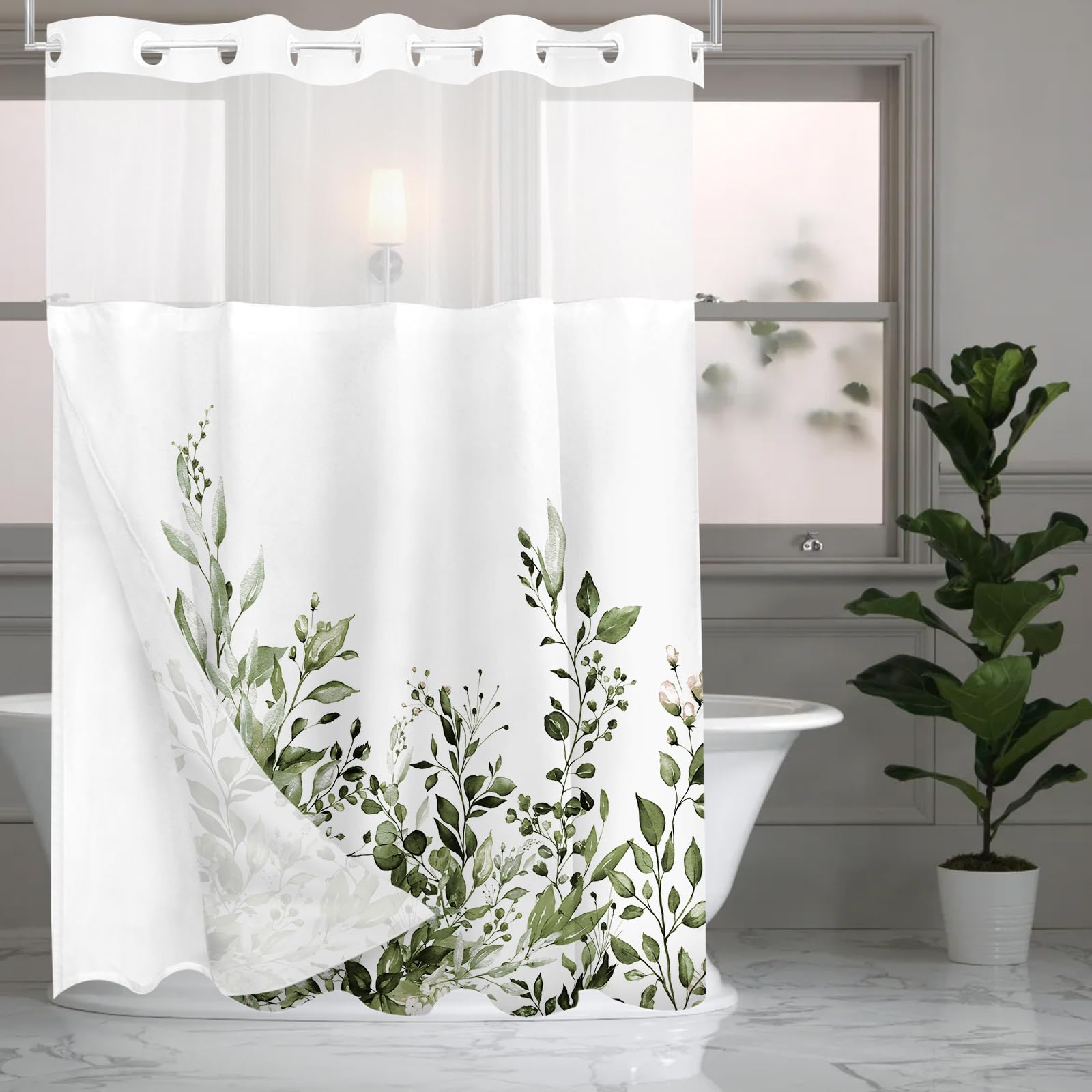 Tititex No Hooks Snap In Liner Olive Green Eucalyptus Leaves Shower Curtain Sets, Hotel Luxury Double Layers Waterproof Fabric &