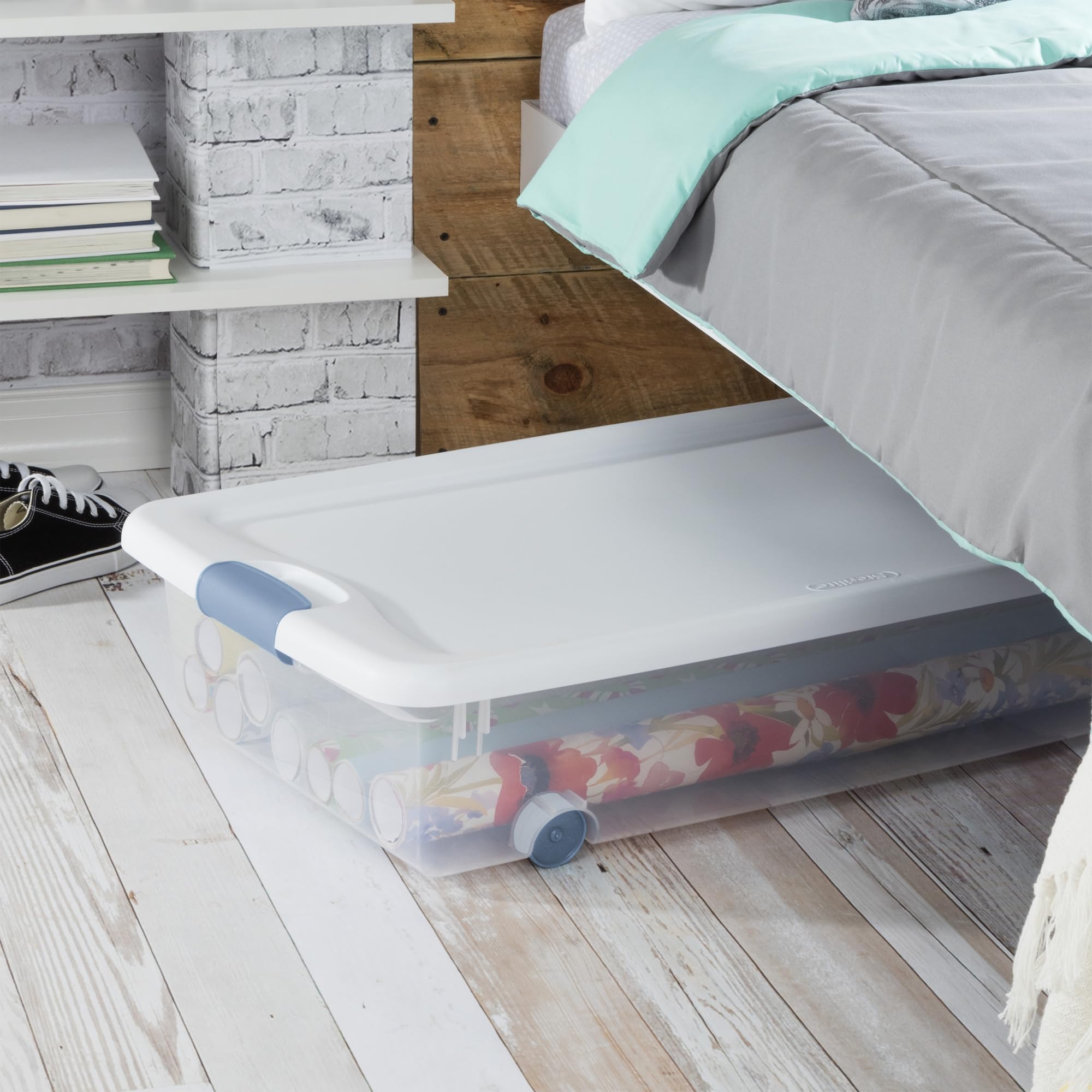 Sterilite 56 Qt Wheeled Latching Storage Box, Clear with White Lid, Stackable Plastic Container, 4-Pack