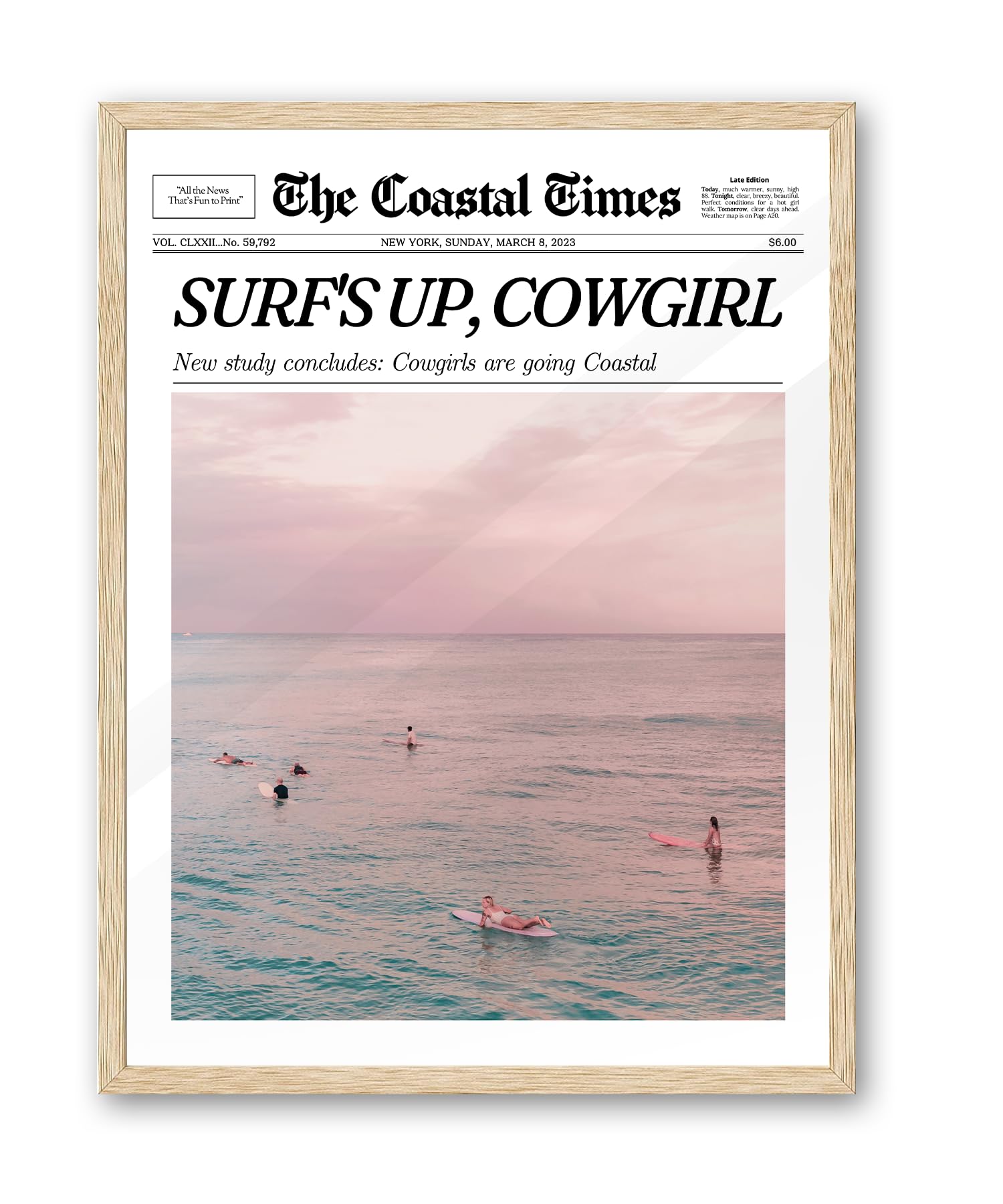 Ihery Small Framed Trendy Coastal Cowgirl Newspaper Wall Art Prints,Beige Oak Wood 8X10In Canvas Wall Decor For Bedroom,Western