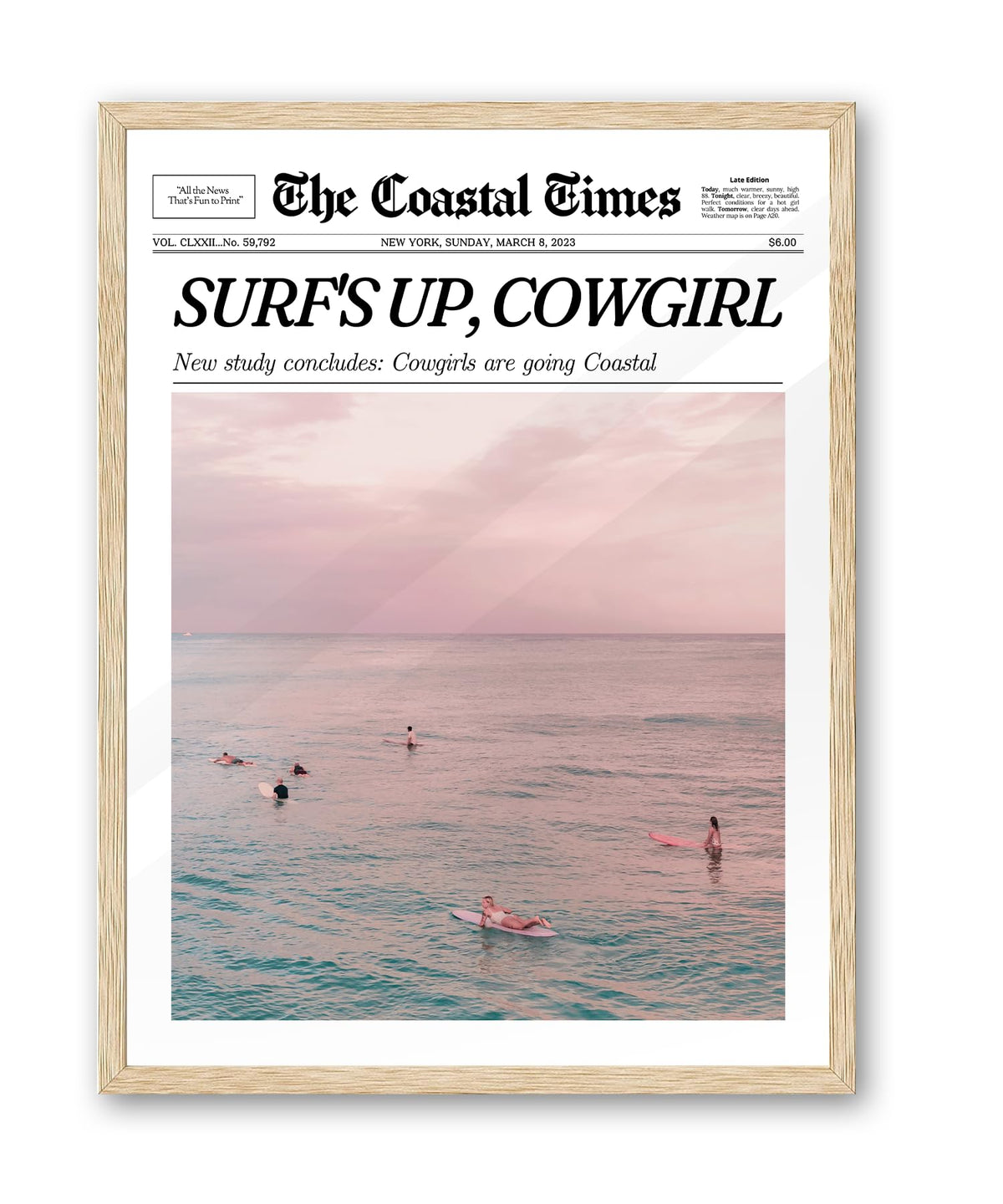 Ihery Framed Trendy Coastal Cowgirl Newspaper Wall Art Prints,Beige Oak Wood 12X16In Canvas Wall Decor For Bedroom,New York News