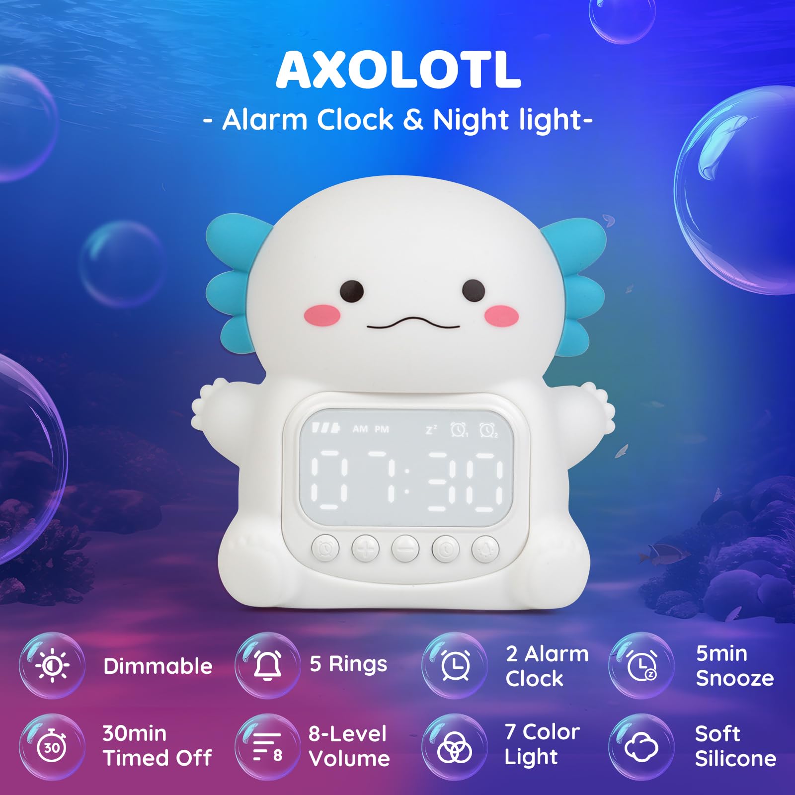 Aokpsrt Axolotl Alarm Clock with Night Light for Kids, Rechargeable Silicone Lamp Time to Wake Clock Cute Animal Tabletop Lamp,