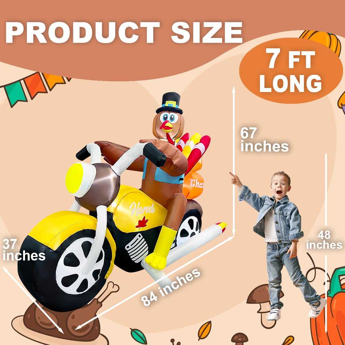 7FT Length Thanksgiving Inflatable Turkey Riding Motorcycle Decorations LED Lighted Blow Up Decoration Decor Home Yard Outdoor I
