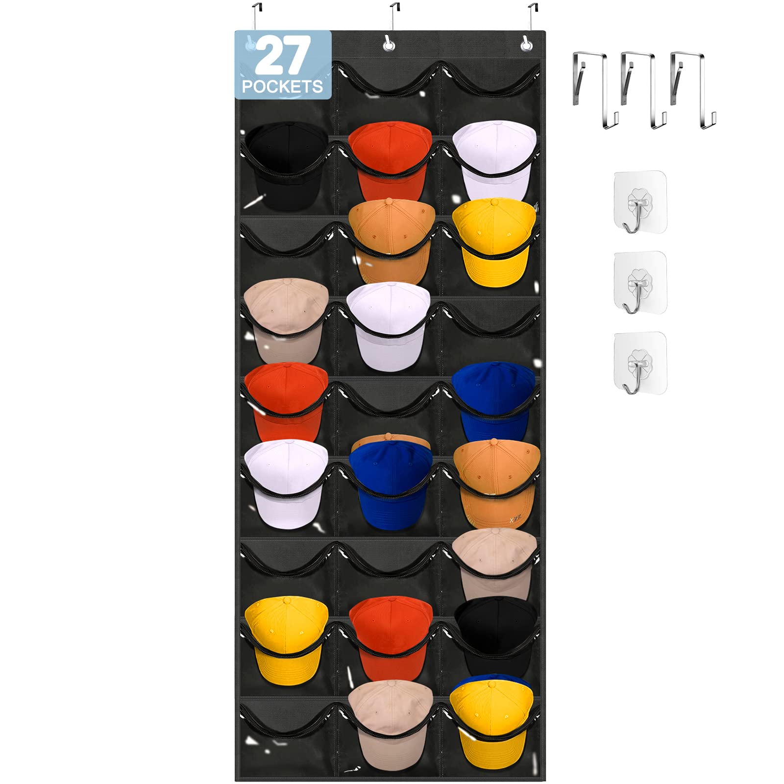 Owkjar 27 Large Pockets Hat Organizer For Baseball Caps,Hat Rack With 6 Hooks Over The Door Or Wall Multiple Caps Display Storag