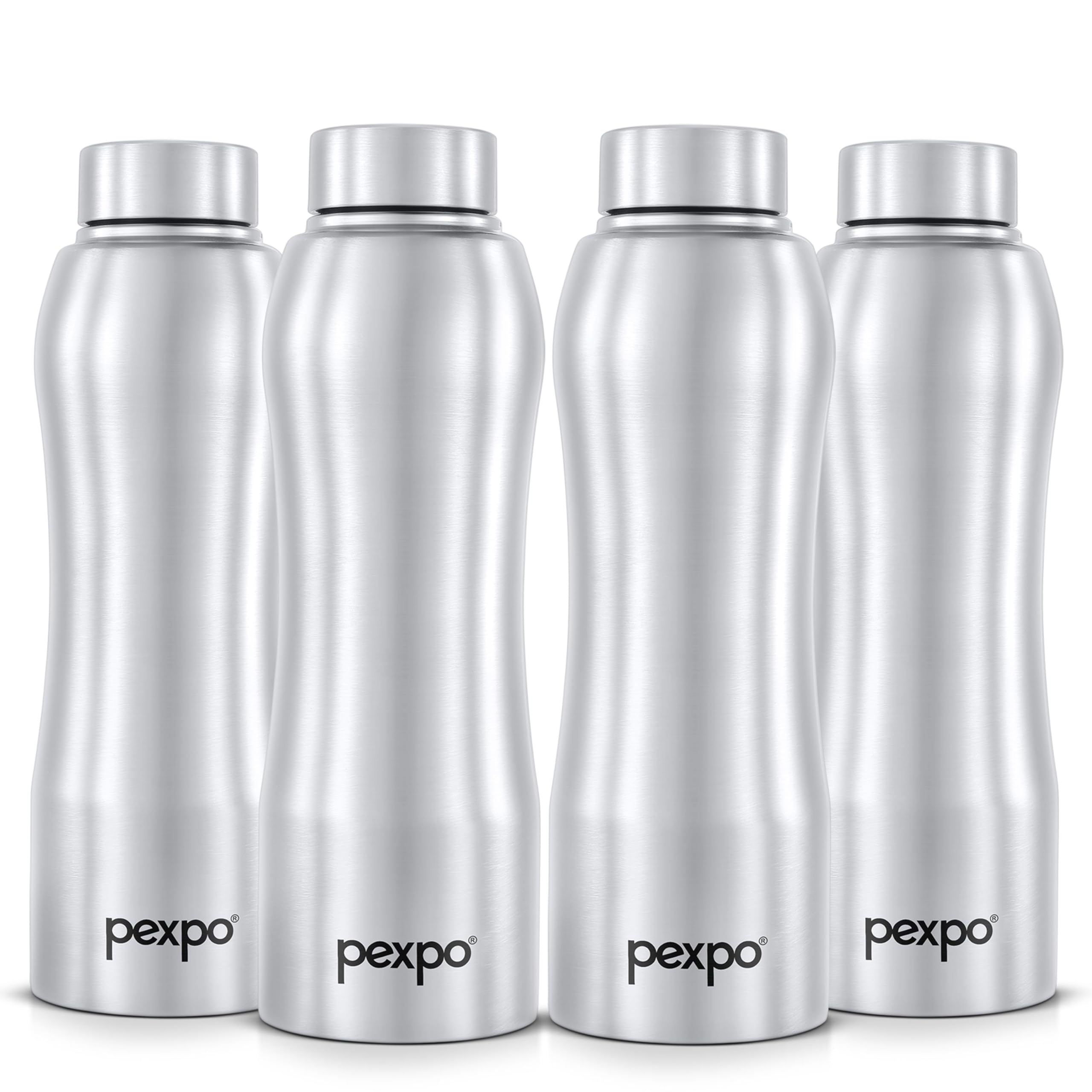 Pexpo Bistro Isi Certified Stainless Steel Fridge/Sports Water Bottle 1 Litre, Silver, Pack Of 4 | Single Walled | Easy Grip | L