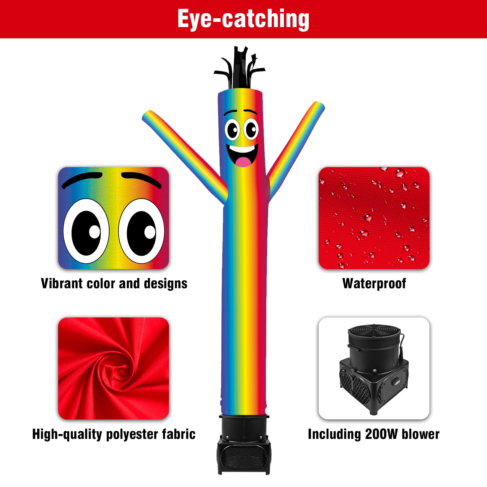 GOODENY 7FT Tall Inflatable Tube Man Rainbow Wacky Wavy Dancing Guy with Weather-Resistant Blower (9  Diameter) for Outdoor Deco