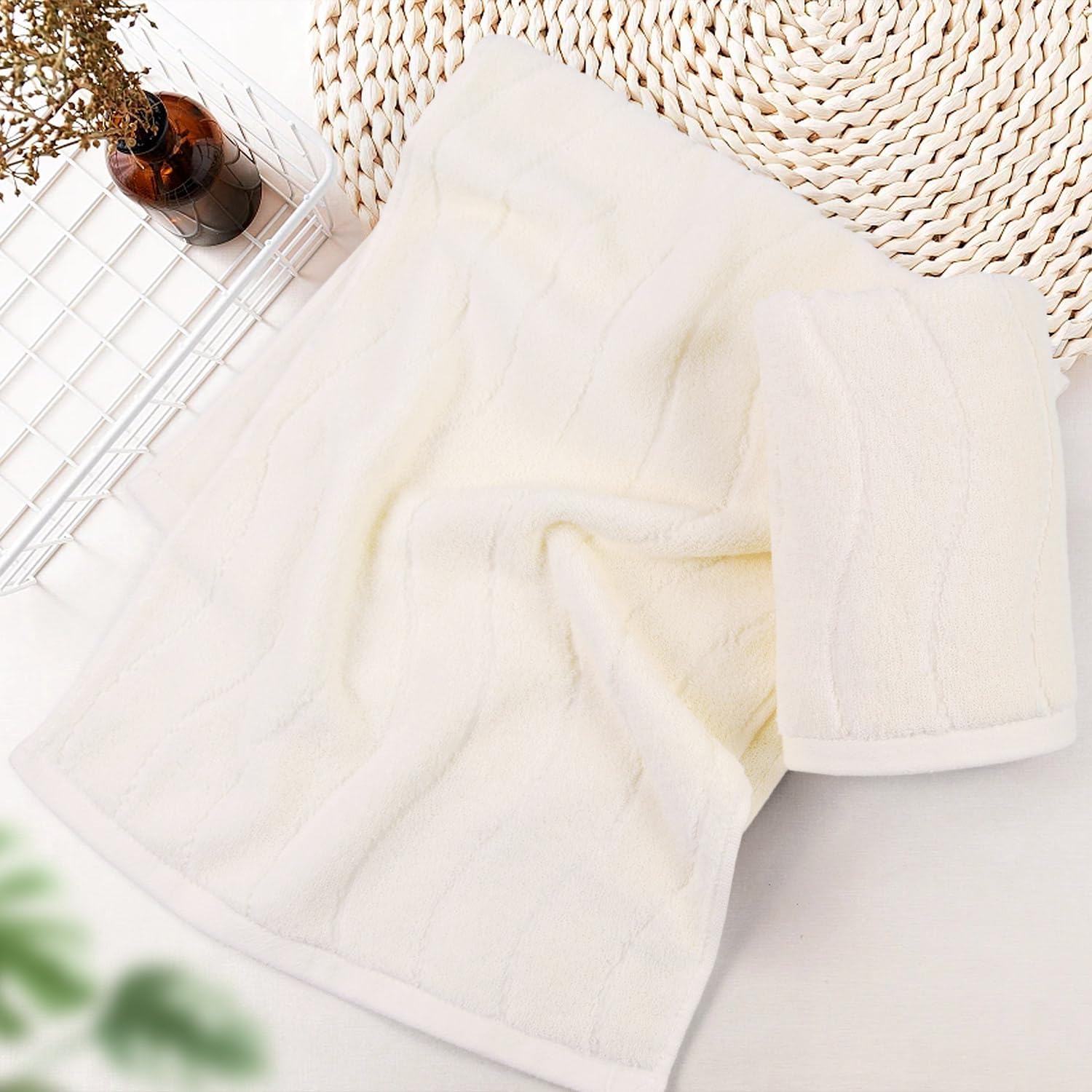 Pack Of 2 Quick Dry Hand Towels (13X29 Inches, Beige) - 100% Cotton Face Towels For Bathroom Hotel Spa, Wavy Striped Jacquard