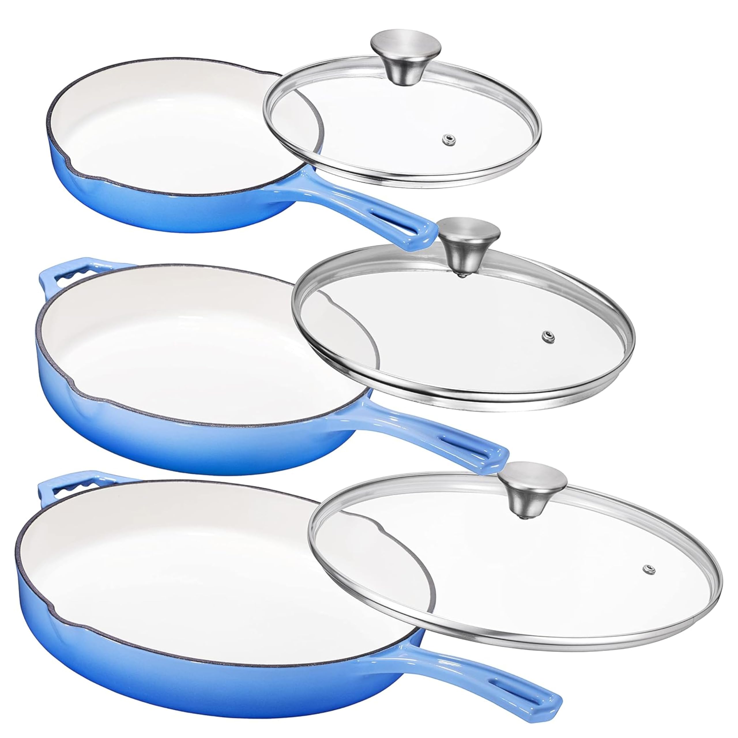 Bruntmor Pre-Seasoned 8 Inch, 10 Inch And 12 Inch Blue Enamel Cast Iron Nonstick Frying Pan - Set Of 3 With Tempered Glass Lid -