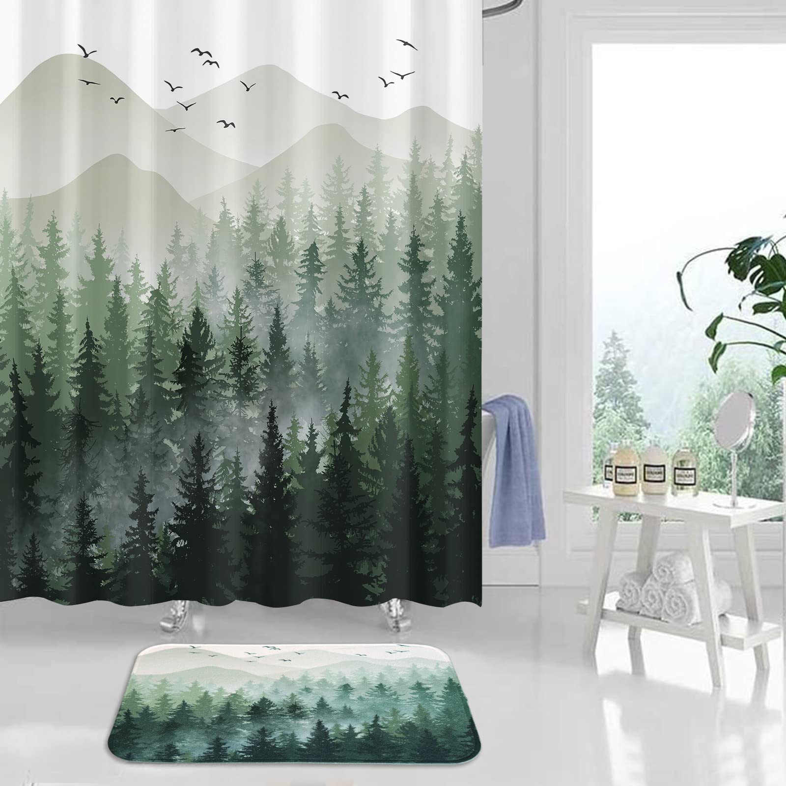 Accnicc Green Misty Forest Bathroom Rugs Mat Nature Tree Mountain Bath Rug Water Absorbent Non Slip Shower Mat Memory Foam Bath