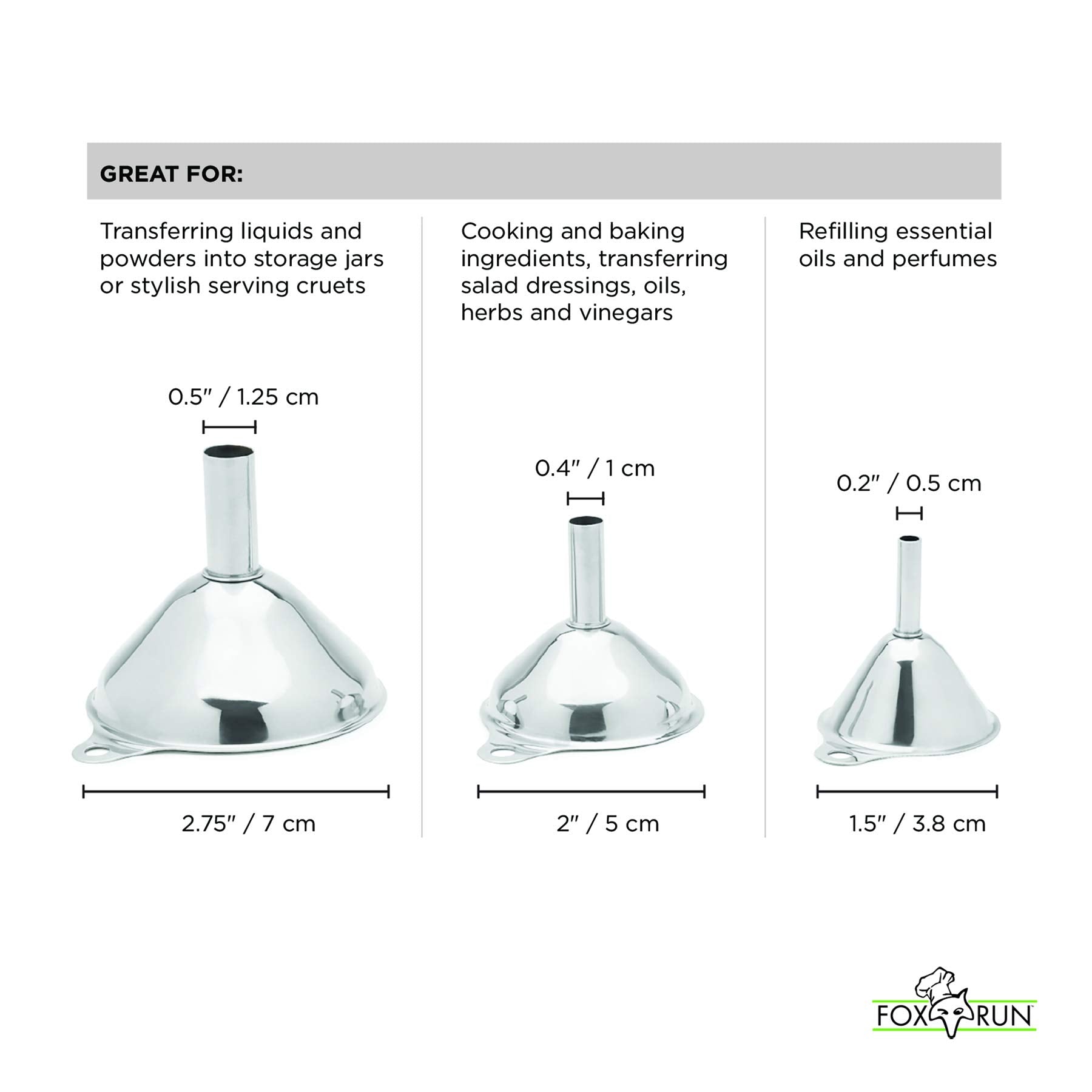Fox Run 3-Piece Stainless Steel Funnel, 3'', 2'', And 1.5'' Set, Metallic