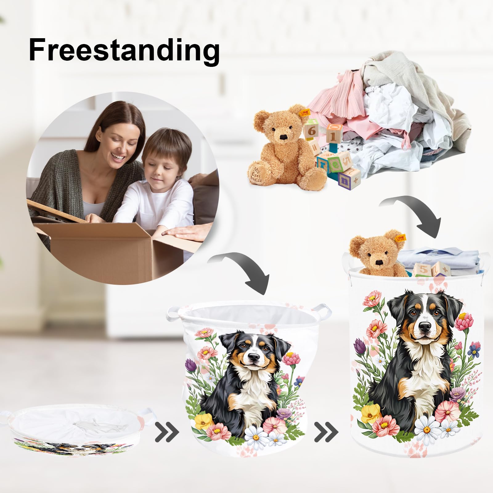 Clastyle 45L Collapsible Spring Wild Flower Plants Kid Laundry Hamper Dog Clothes Toy Storage Basket For Bedroom Bathroom Nurser