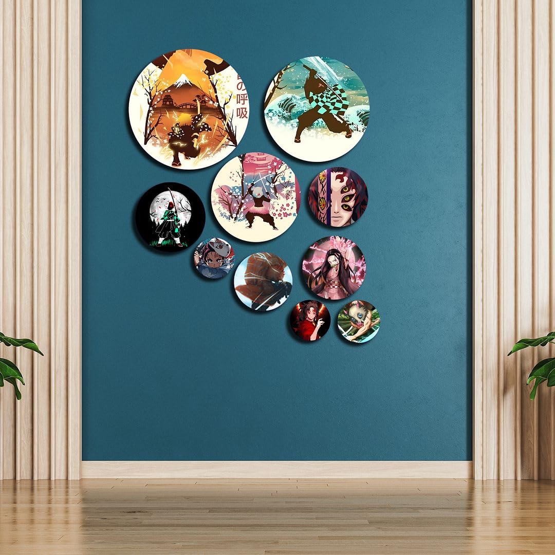 Cvanu Set Of 10 Mdf Round Shaped Demon Slayer Printed On Wall Art Hanging Self-Adhesive Double Sided Tape For Wall Decoration_C1