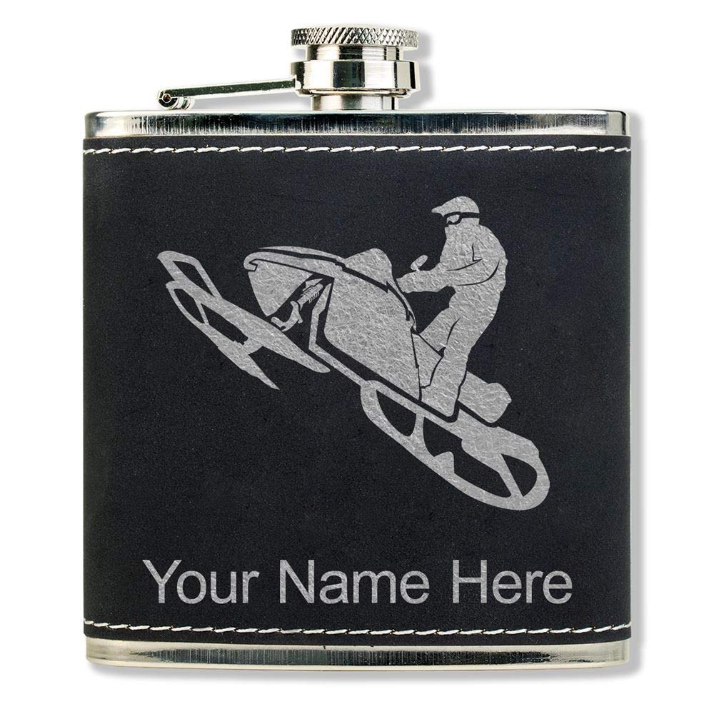 Faux Leather Flask, Snowmobile, Personalized Engraving Included (Black With Silver)