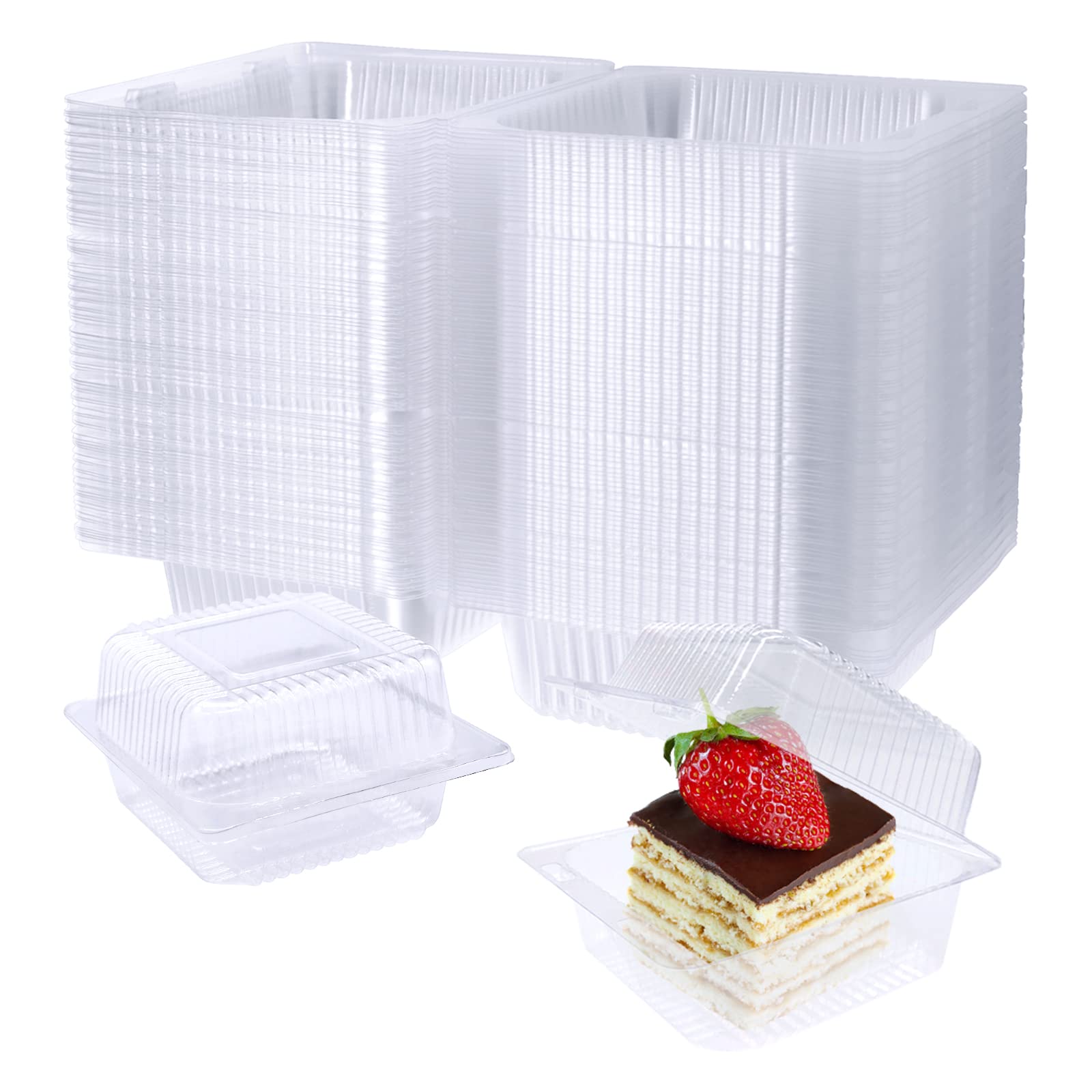 Jizvxe 200 Pcs Clear Plastic Take Out Containers,Disposable Fancy Hinged Top Square Clamshell Food Boxes,Cake Slice Containers C